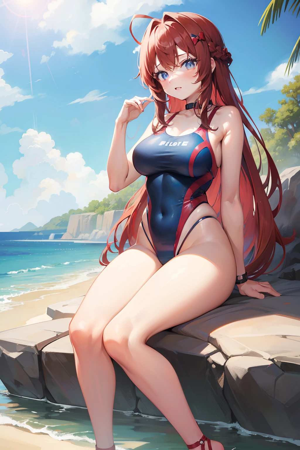 mondaijiasuka, competition swimsuit, red hair bow, brown hair, long hair, bangs, braid, blue eyes, , full body, solo, 1girl, outdoors mondaiji-asuka-nai