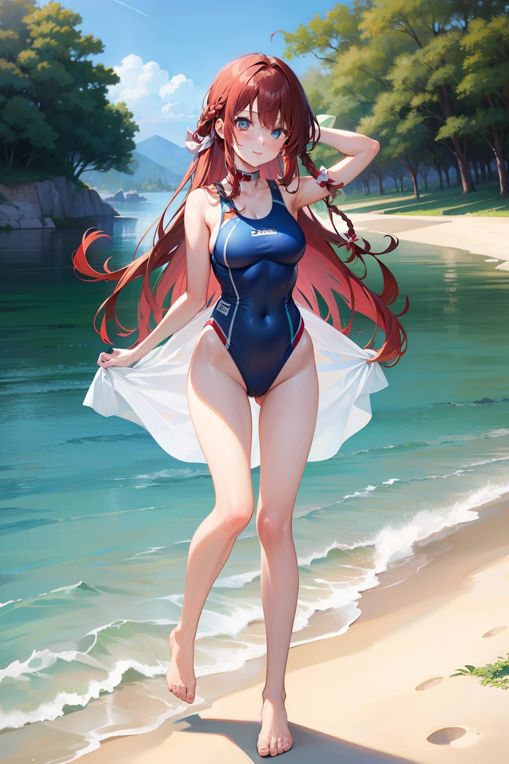 mondaijiasuka, competition swimsuit, red hair bow, brown hair, long hair, bangs, braid, blue eyes, , full body, solo, 1girl, outdoors mondaiji-asuka-nai