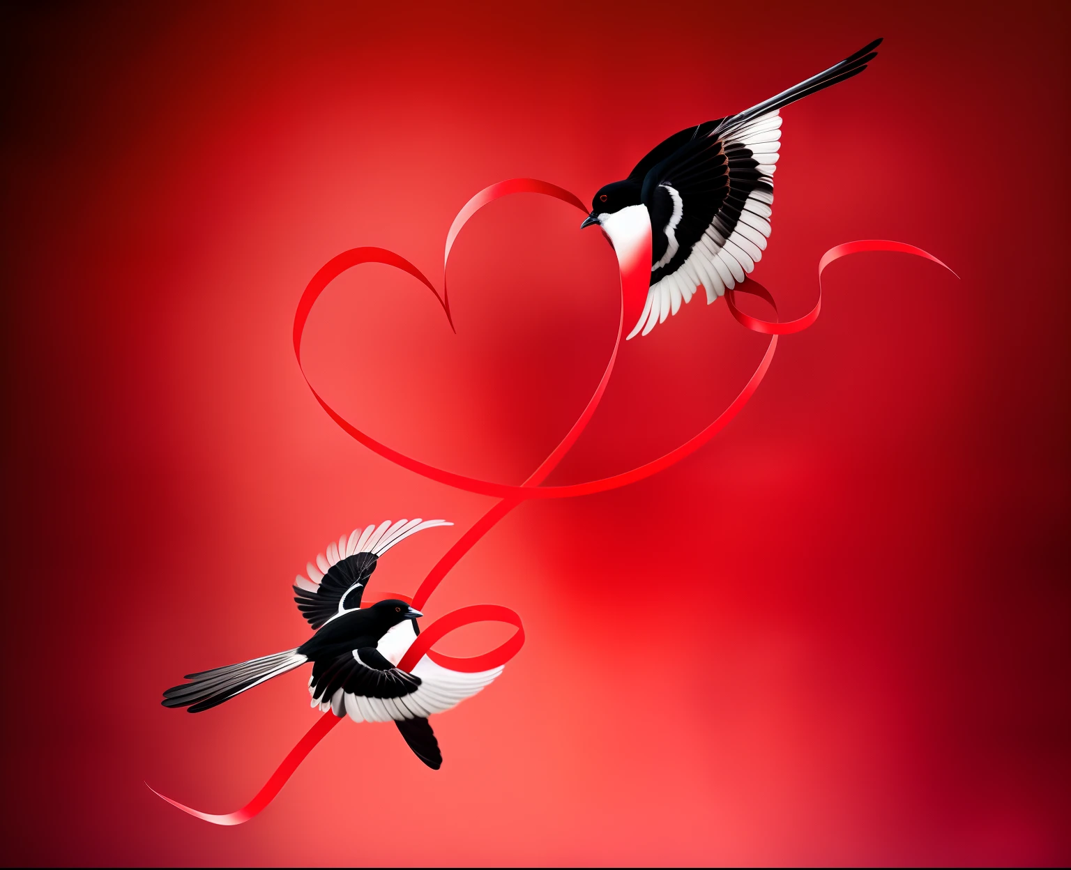 There are two magpies, Red ribbon intertwined heart, Real Photographics,white backgrounid