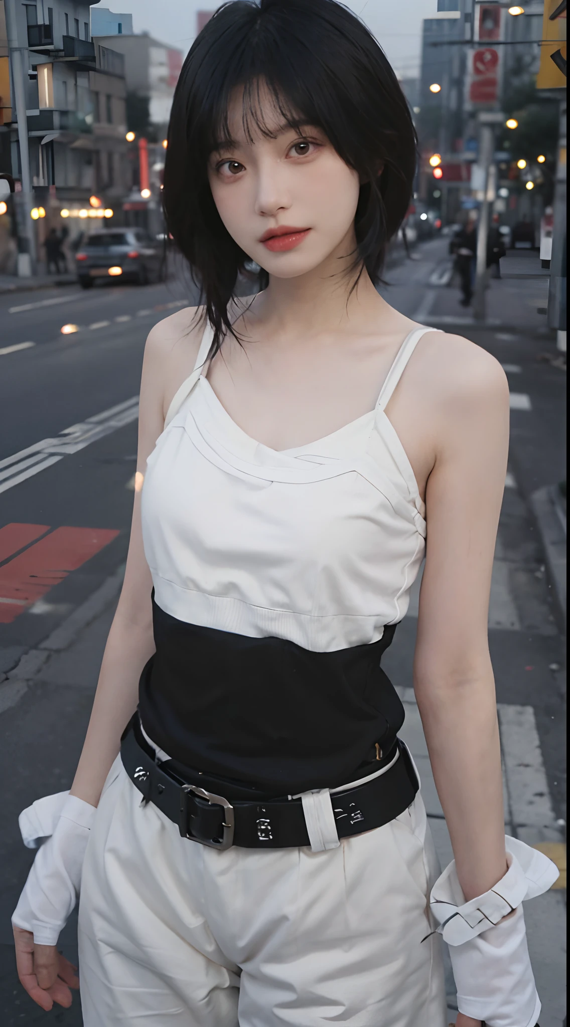 best qualtiy, 超高分辨率, (realisticlying:1.4),2 girls ,Focus:1.2, perfect figure beautiful woman:1.4 , pelo rojo corto,(Streets at night:1.3), Highly detailed facial and skin texture, head straight-looking at viewer,A detailed eye, 二重まぶた,Red lips,eye shadows,Whiten skin,(Air bangs:1.3),,(White thin strap top:1.4)