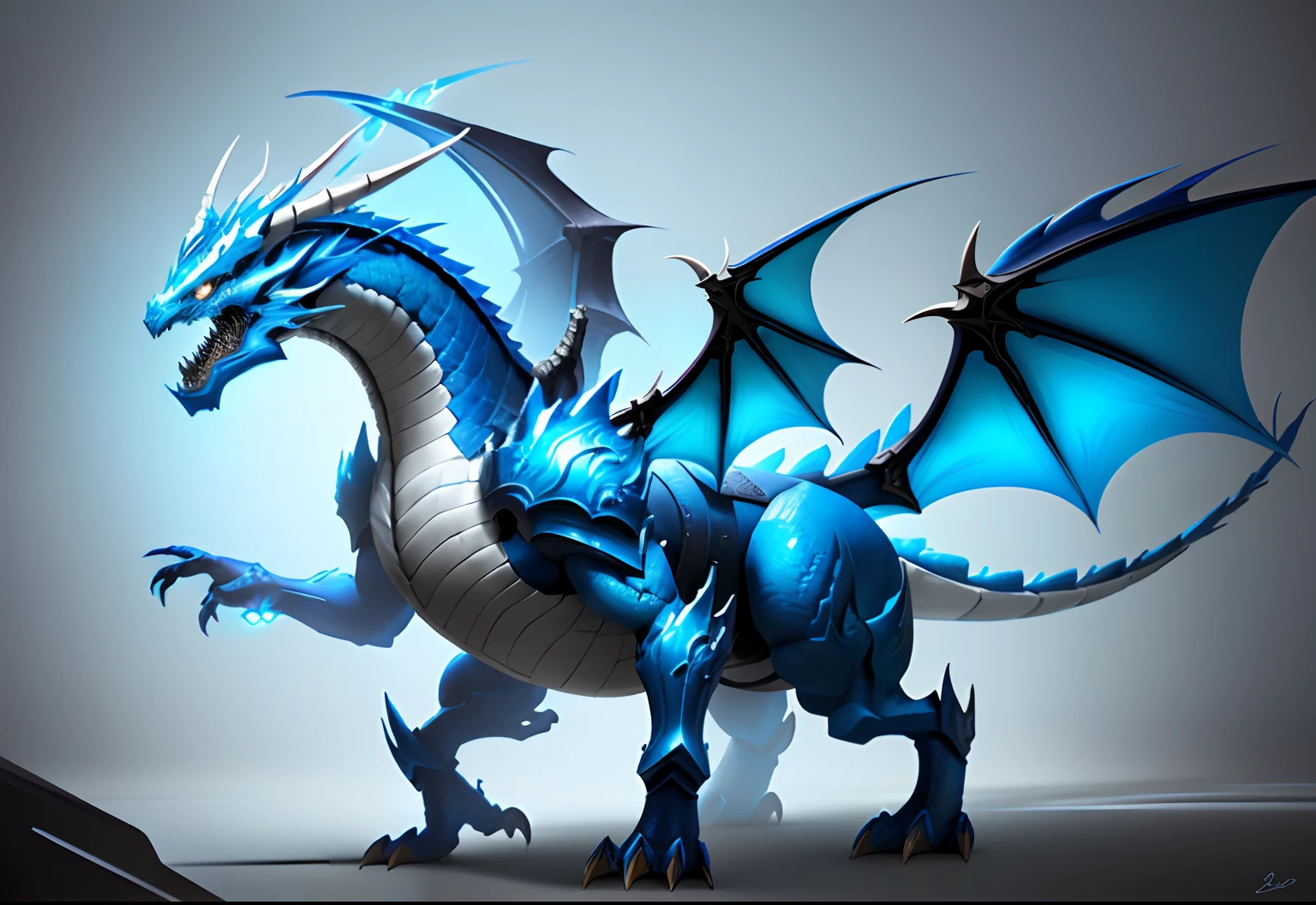 there is a drawing of a blue and white dragon on a white wall, chinese dragon concept art, airbrush concept art, dragon inspired blue armor, full body dragon concept, painted as a game concept art, airbrush render, stylized as a 3d render, anthro dragon art, fantasy creature concept art, stylized concept art