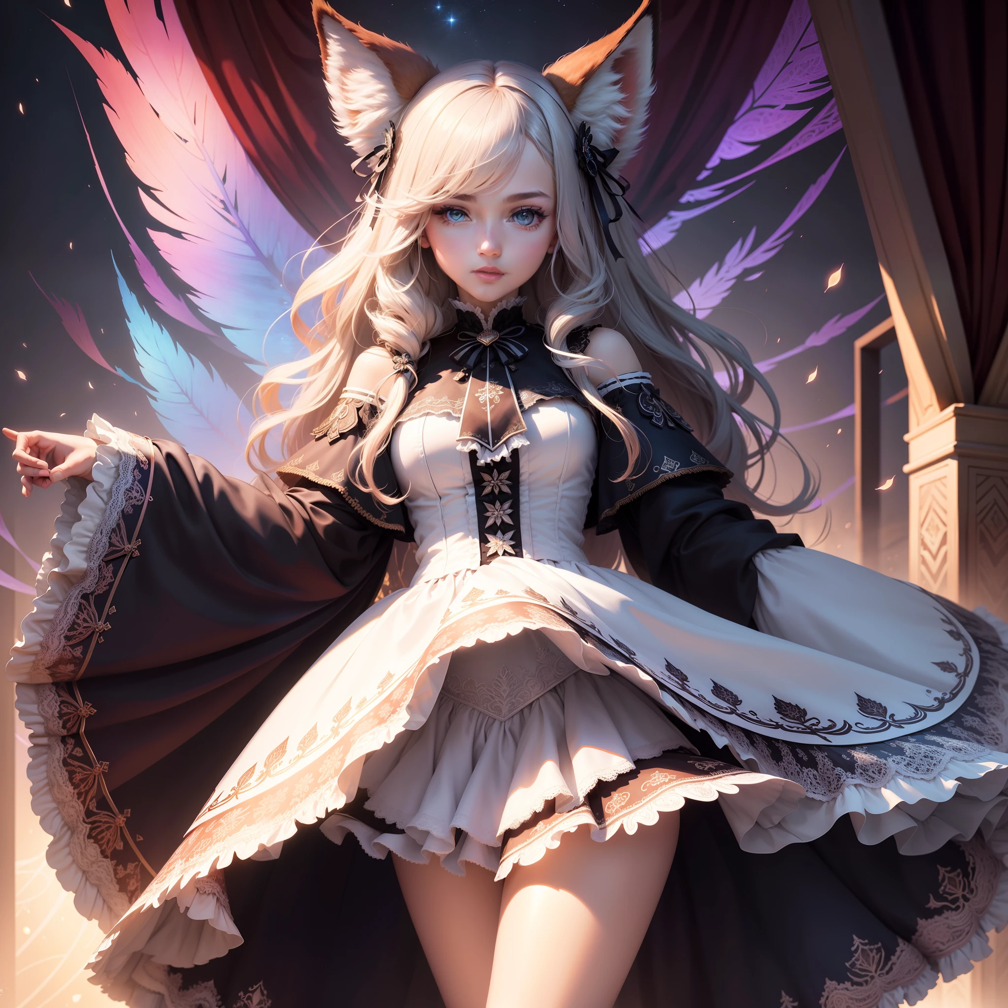 （tmasterpiece，top Quority，best qualtiy，offcial art，Beauty and aesthetics：1.2），（1girl），Extremely detailed，（s fractal art：1.3），extremely colorful，Most detailed，Lace skirt，white  panties，brassier，fox tails