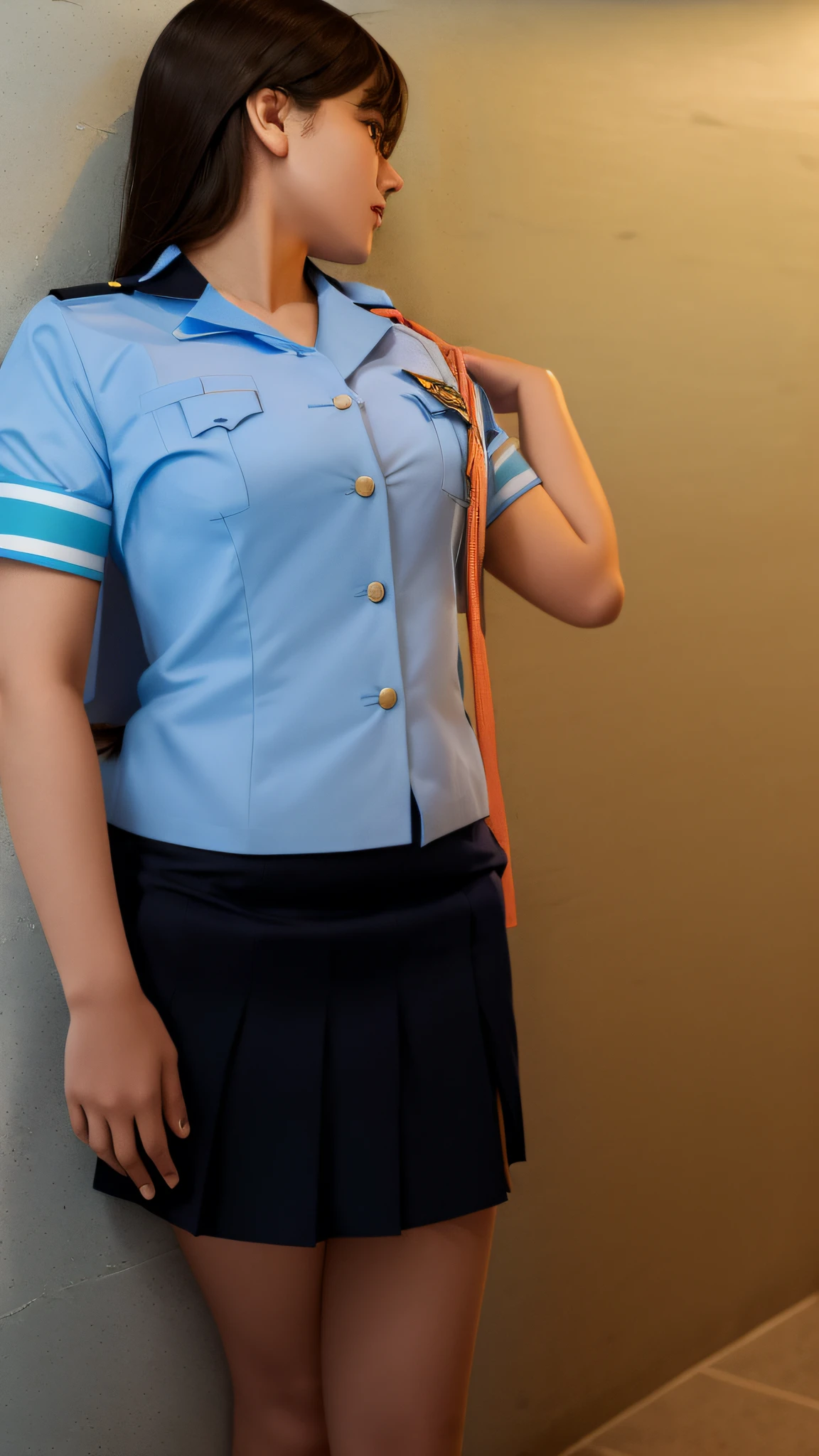Allahed woman in blue shirt and black skirt posing, girl wearing school uniform, Blue Uniform, wearing rr diner uniform, outfit: cop, JK Uniform, wearing headmistress uniform, teal uniform, close up half body shot, sideshot, full-body close-up shot, cosplay foto, pilot outfit, Wearing a police uniform, plain uniform sky at the back