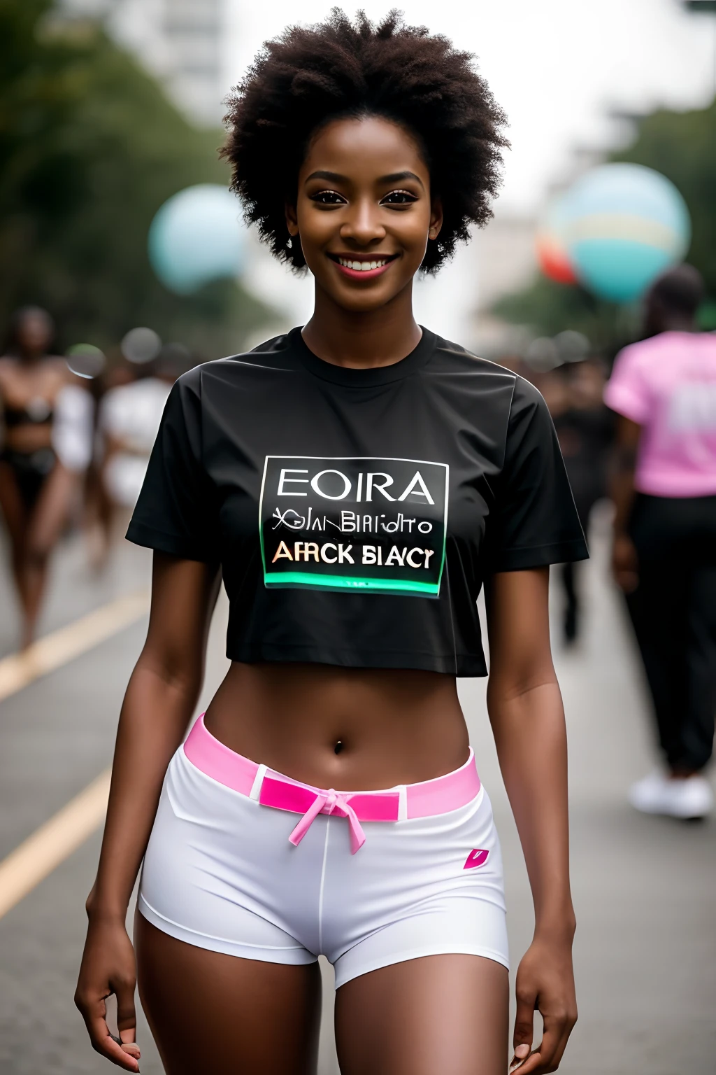 Foto RAW, uma foto de corpo inteiro, 1girl, (((African black ebony))), standing parading, desfile de moda, fashion event, Sephora, Kenzo, Fashion Design Show, pale skinned, sorriso inocente, (pele detalhada), humid, detalhes intrincados, profundidade de campo longa, [Volumetric mist], cinematic lighting, reflexos, fotografado em Canon EOS R5, lente grande angular, F/2.8, HDR, 8K分辨率, camiseta, sorrindo