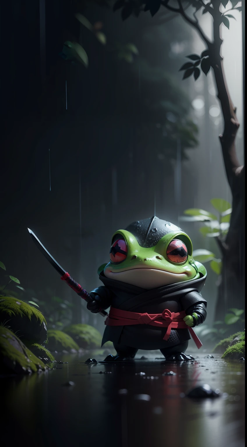 Create a vibrant dark fantasy cute ninja frog in a clean-lined minimalistic cartoon style, in the background a beautiful forest, rain, octane render, 8k