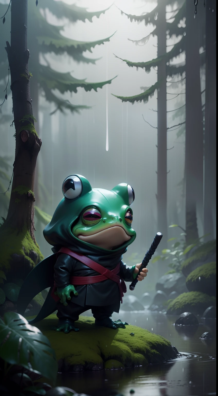 Create a vibrant dark fantasy cute ninja frog in a clean-lined minimalistic cartoon style, in the background a beautiful forest, rain, octane render, 8k