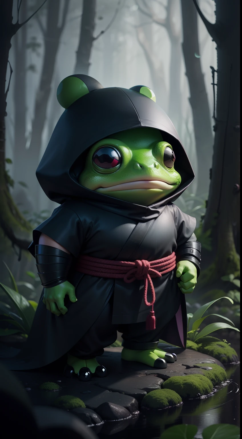 Create a vibrant dark fantasy cute ninja frog in a clean-lined minimalistic cartoon style, in the background a beautiful forest, rain, octane render, 8k