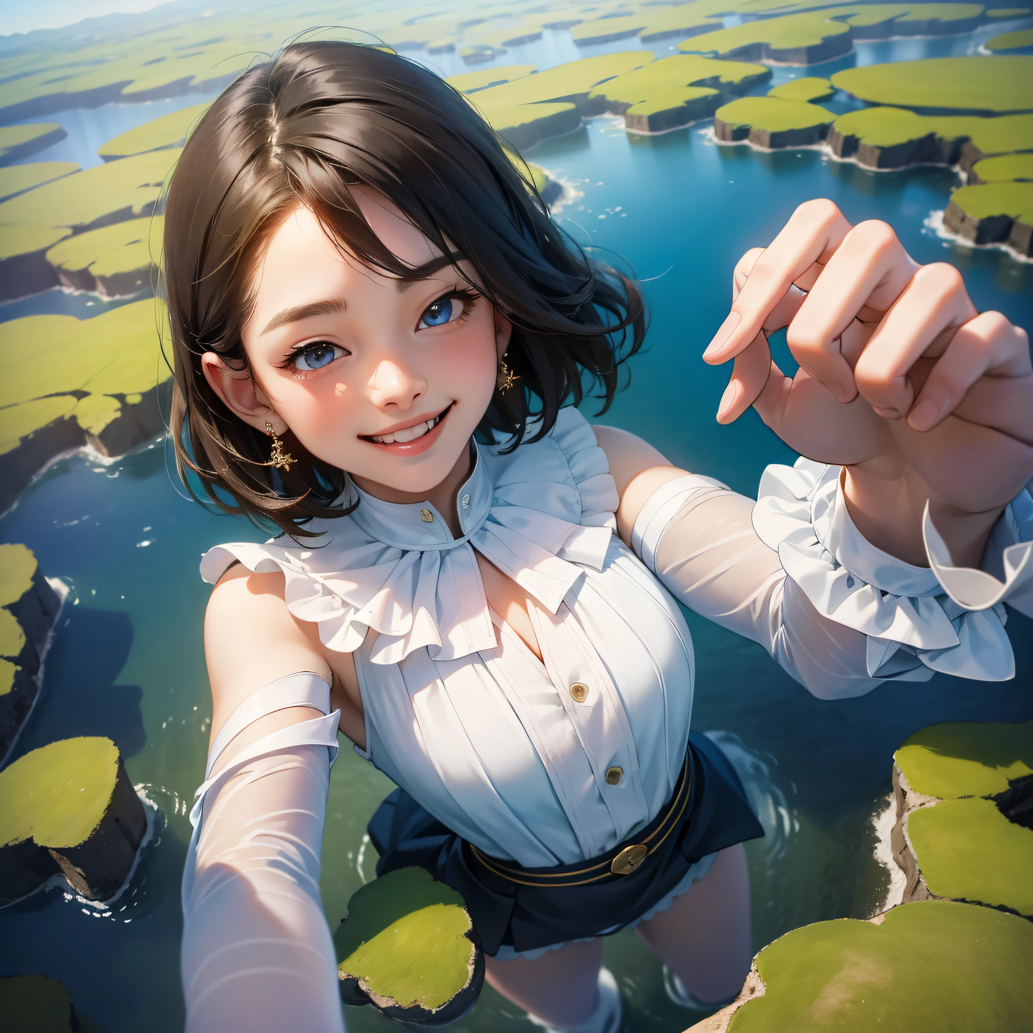 Anime girl in white shirt and black skirt standing in water - SeaArt AI