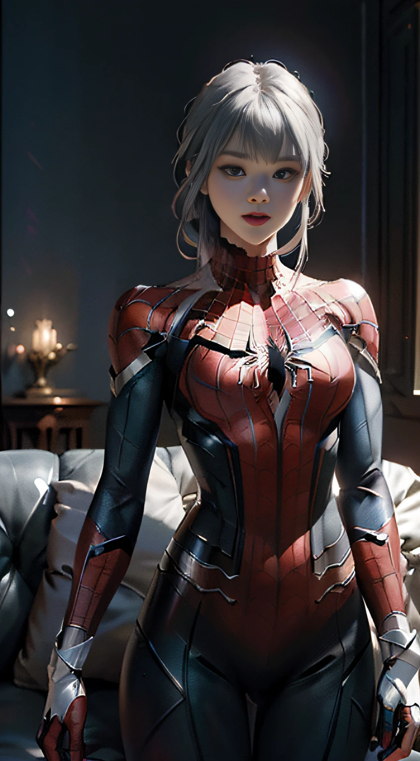 (Extreme Detail CG Unity 8K Wallpapers，tmasterpiece，Highest image quality)，(Delicate light and shadow，The picture is highly dramatic，Cinematic lens effect)，A girl in a white Spider-Man costume，Silver-gray hair color，From the Spider-Man parallel universe，Wenger，Marvel，Spidey，sitting in the couch，dynamicposes)，(Exceptional detail，The lighting effect is outstanding，Vista wide angle)，(Excellent rendering，Enough to stand out from the crowd)，The focus is on the white Spider-Man costume，Complex spider textures，The entire figure is shown in the painting，in a panoramic view，full bodyesbian，high-heels