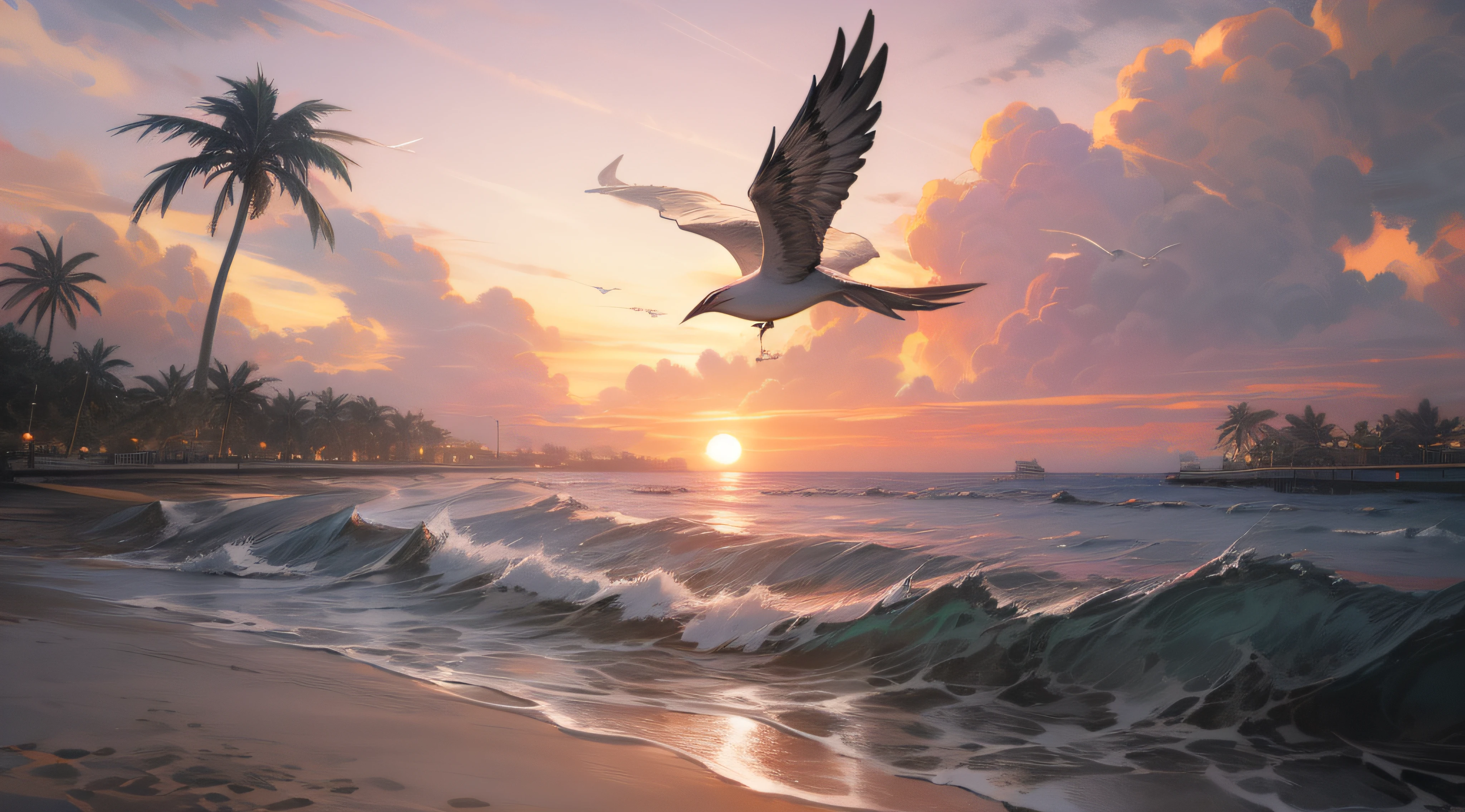 An absolutely mesmerizing sunset on the beach with a mix of orange, pink and yellow in the sky. The water is crystal clear, gently kissing the shore, and the white sand beach stretches as far as the eye can see. The scene is dynamic and breathtaking, with seagulls soaring high in the sky and palm trees gently swaying. Soak up the calm atmosphere and let the tranquility envelope.