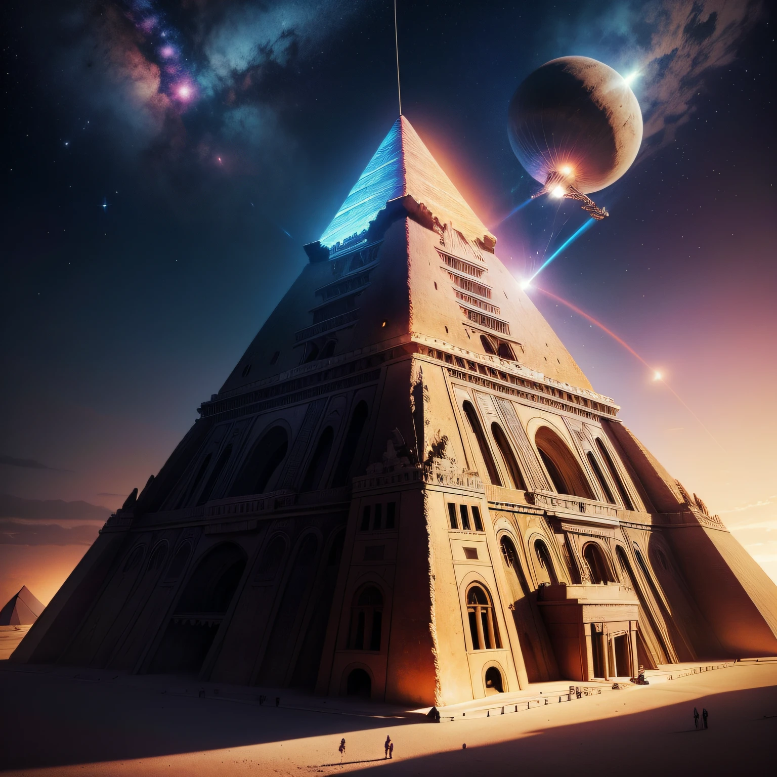 Image of a large object flying over a pyramid, alien mothership in the sky, alien spaceship in the sky, flying saucer in the sky, ancient megastructure pyramid, ancient alien tools and houses, discos voadores, nave espacial antiga, ancient alien portal, ufo in the sky, an intact ancient alien ship, disco voador, antigo, Ship flies over pyramids of Egypt, Sky with vibrant lights.