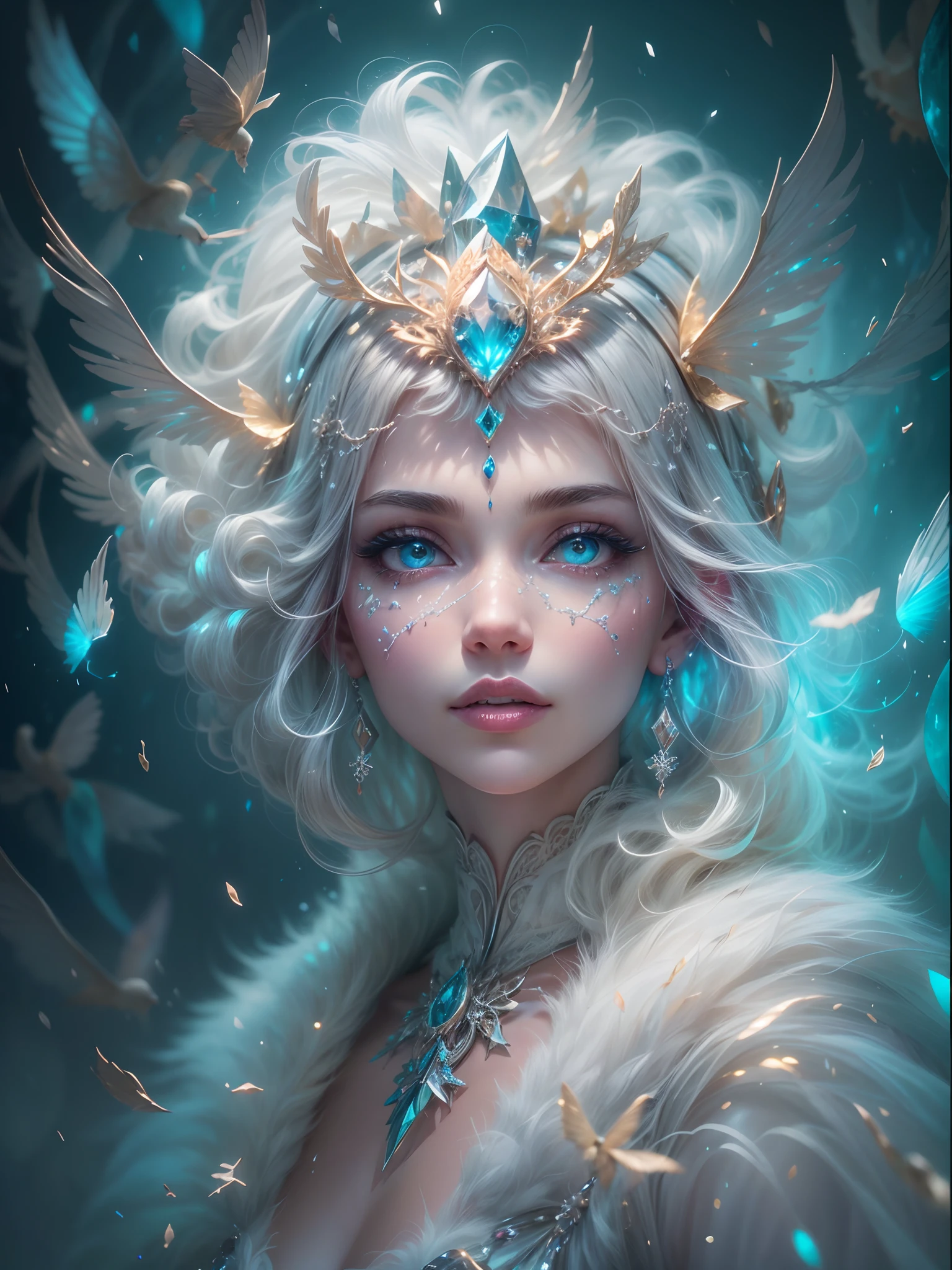 Generate a pretty and realistic fantasy artwork with bold jewel-toned hues, ((pretty glitter and shimmer, and lots of snowflakes.)) Generate a luminous and petite woman with curly hair, metallic hair, and realistically textured hair. Her skin is pure white and seems to glow in the light. The woman's face is important: include soft, puffy lips, elegant features, and the (((most beautiful detailed eyes))) in the world. The woman is in a winter landscape with soft falling snow and snowflakes, soft white fur, subtle iridescent details, subtle phantasmal iridescent details, and intricate and delicate jewelry that glimmers in the light. Include many small fantasy details like gossamer silk, feathers, delicate and stunning embroidery, and luminous lighting that glimmers. The woman's face is unobscured by details and her eyes are sharp and in high resolution. Incorporate dreamy colors, dynamic lighting, and detailed background elements to create a sense of awe and immersion. Include colorful flying magical birds and jewel-toned butterflies radiating a magical aura. Consider the latest trends in fantasy art, such as incorporating unique lighting effects, exploring dynamic and compelling composition techniques, and experimenting with unique color palettes. Take inspiration from the top artists on ArtStation and Midjourney. Camera: Choose an angle that highlights the character's beauty and enhances the magical majesty of the artwork. Lighting: Utilize atmospheric lighting techniques to create depth and mood. Resolution: Aim for a high-resolution artwork to showcase intricate details and clarity. Art Inspirations: Seek inspiration from the trending artists on ArtStation, exploring different styles, genres, and themes. white skin, pale skin, really pale skin, really white skin, beautiful eyes, fantasy details, shimmer, glimmer, magical birds, magical butterflies, ornate, (((masterpiece))), add_detail:1, earth \(planet\),