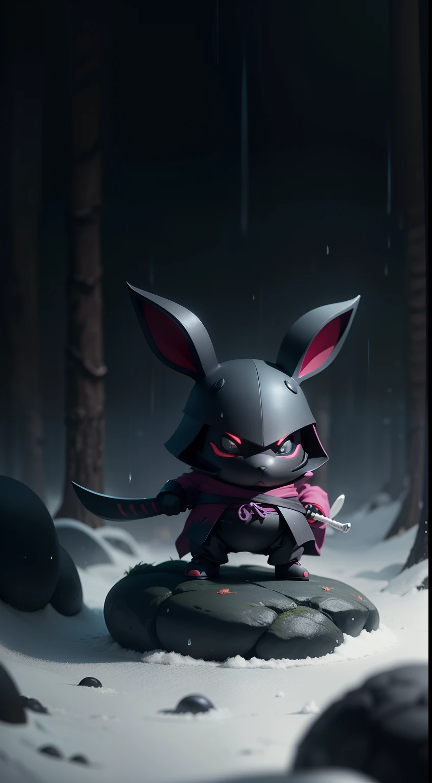 Create a vibrant dark fantasy cute ninja rabit in a clean-lined minimalistic cartoon style, in the background a beautiful forest, rain, octane render, 8k