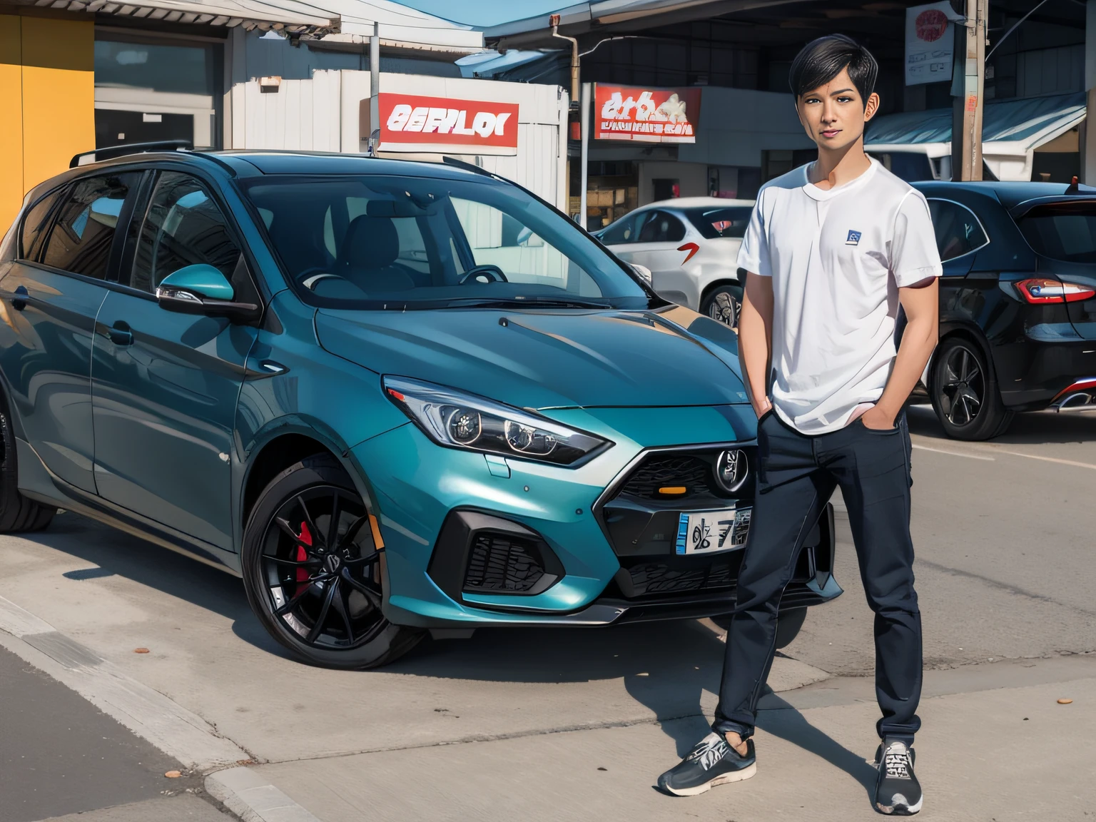 Male with 2 Asian faces,Shop for car supplies in casual wear at the auto supply supermarket,sface focus,Extreme depiction of facial detail