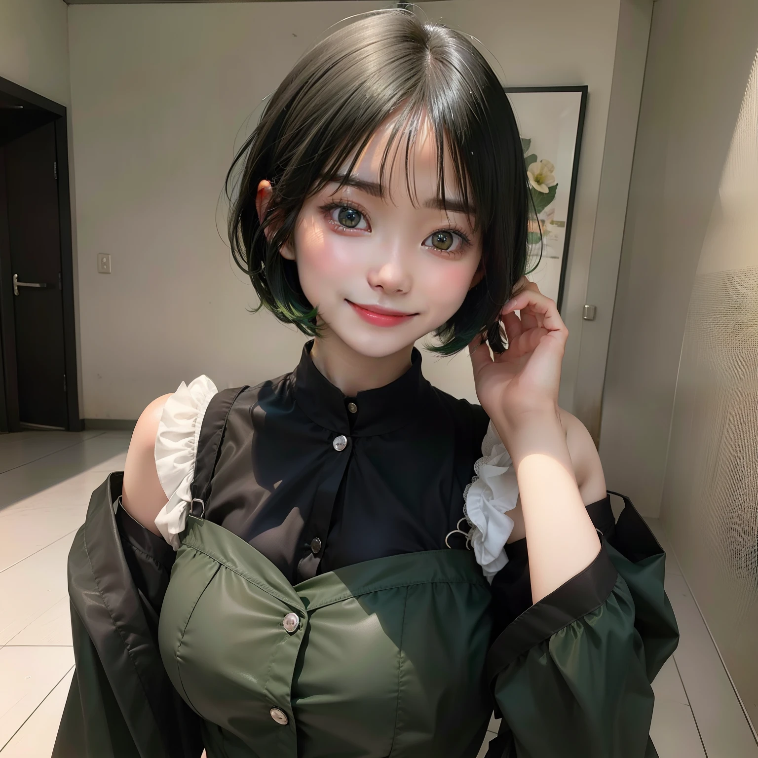 18-year-old gravure beautiful girl、Black hair with green inner color、Medium Bob Cut、huge tit、Uniform Loss、Happy smile