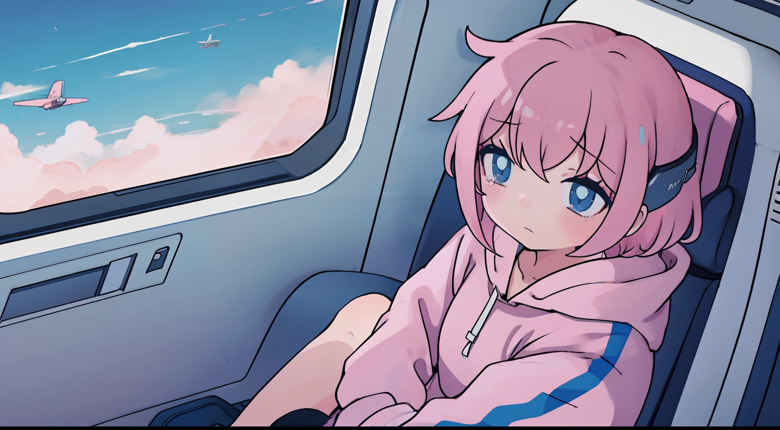 anime girl, short pink hair, bangs, pink hoodie, blue skirt, black legwear, choker, white shoes, sitting inside a airplane, using a phone, sad, cry, airplane window, white interior seat