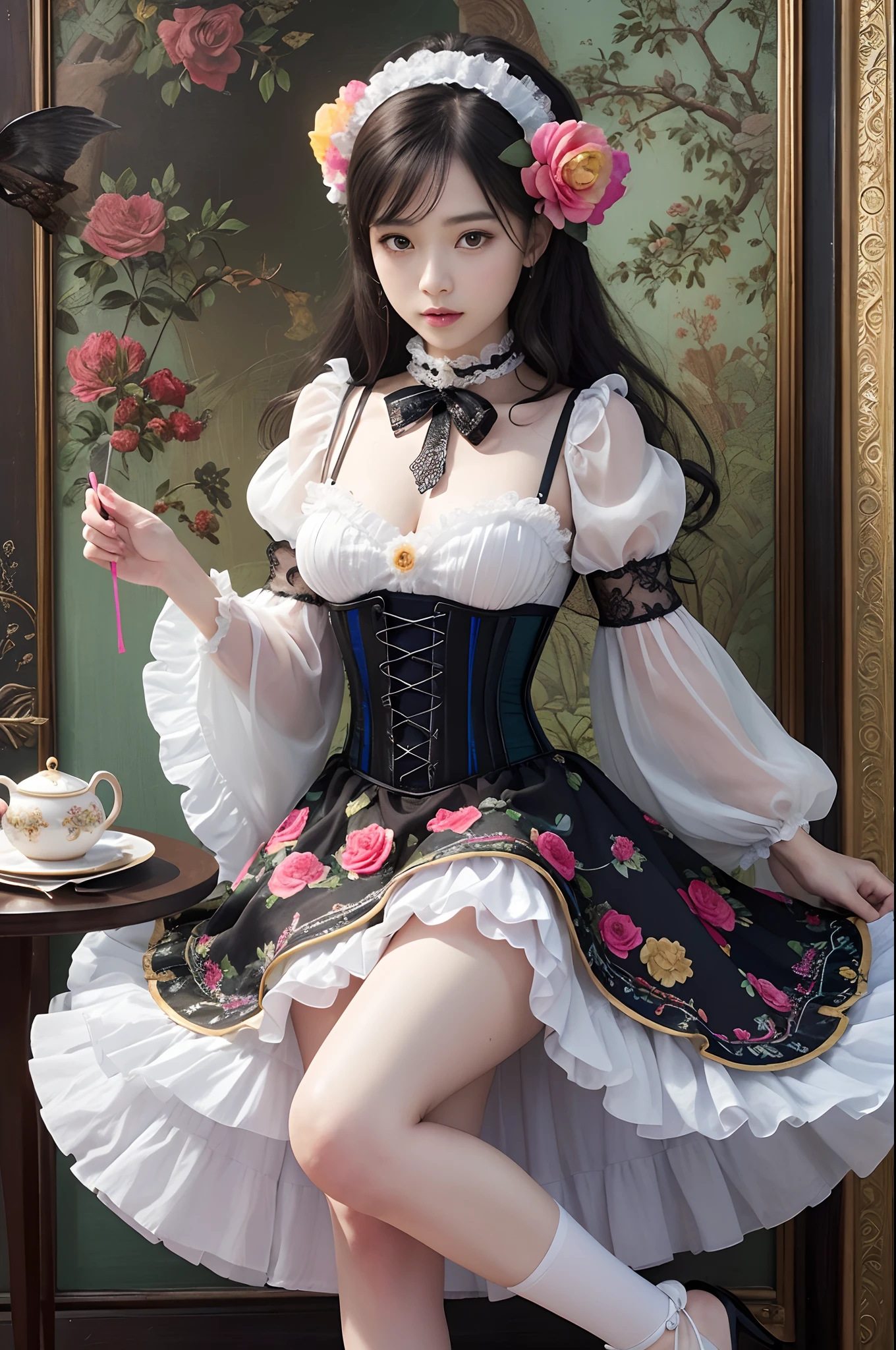 (​masterpiece、top-quality、top-quality、Official art、Beautifully Aesthetic:1.2)、(One girl:1.3)、A highly detailed、(Fractal Art:1.1)、(colourfull:1.1)(florals:1.3)、The most detailed、(Zentangle:1.2)、full body Esbian、(Blue sky and rose garden:1.3)、(shinny skin)、(Many colors:1.4)、、(耳Nipple Ring)、(pluma:1.5)、​masterpiece、top-quality、top-quality、Official art、Beautifully Aesthetic:1.2)、(1girl in)、ighly detailed、(Fractal Art:1.3)、colourfull、highestdetailed、Long、A dark-haired、big eye、Women in Japan、(Ruffle frills, Chiffon Lace Ribbon Suspenders, (Stripe Design Pastel Coloring Dress), Big Ribbon Headband, Open Colorborn, puff sleeves, Tied thin ribbon corset, Balloon skirt, White Net Tights, Colorful star-shaped bead accessories)、Cute table、black tea、teapot、macaroons