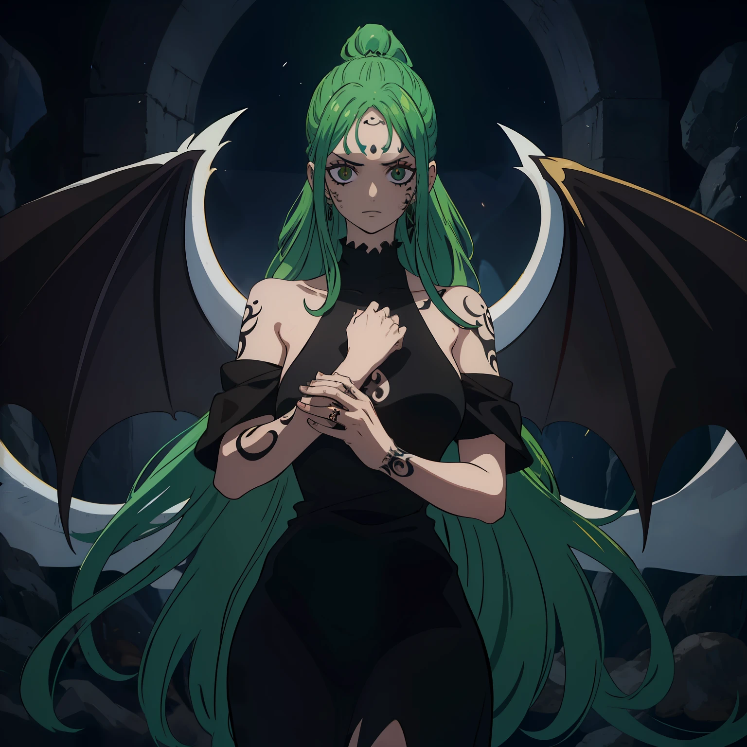 (Uma garota:1.1) com cabelos verdes bonitos, olhos roxos, wearing black clothes and a striking tattoo on his arm. Ela possui seios grandes (peituda:1.2), demonic tattoo on forehead, sem asas, human race.