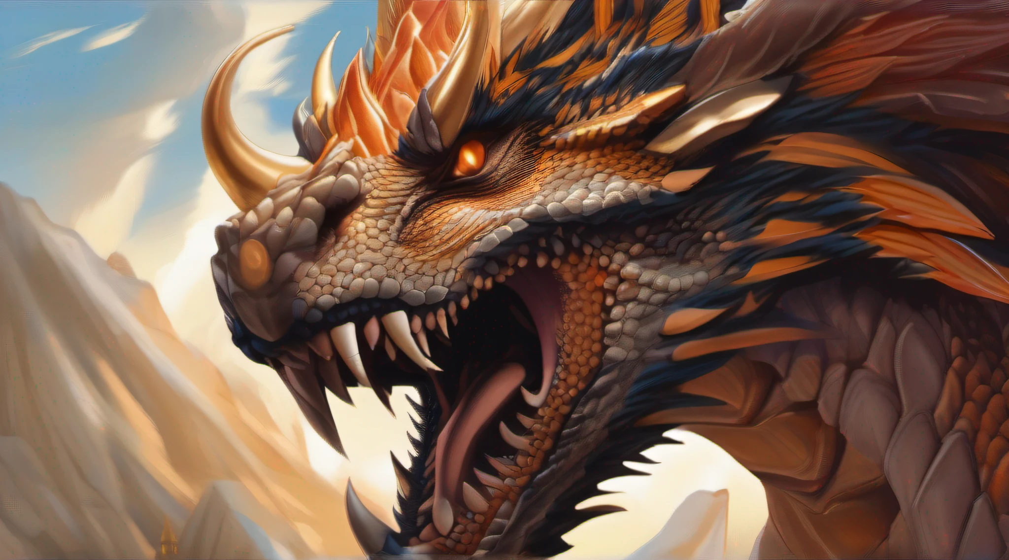 Touro, gigante, 6 chifres, dragonskin, olhos flamejantes, Mythological Being, detalhes intrincados, Arte fantasia, 16k
