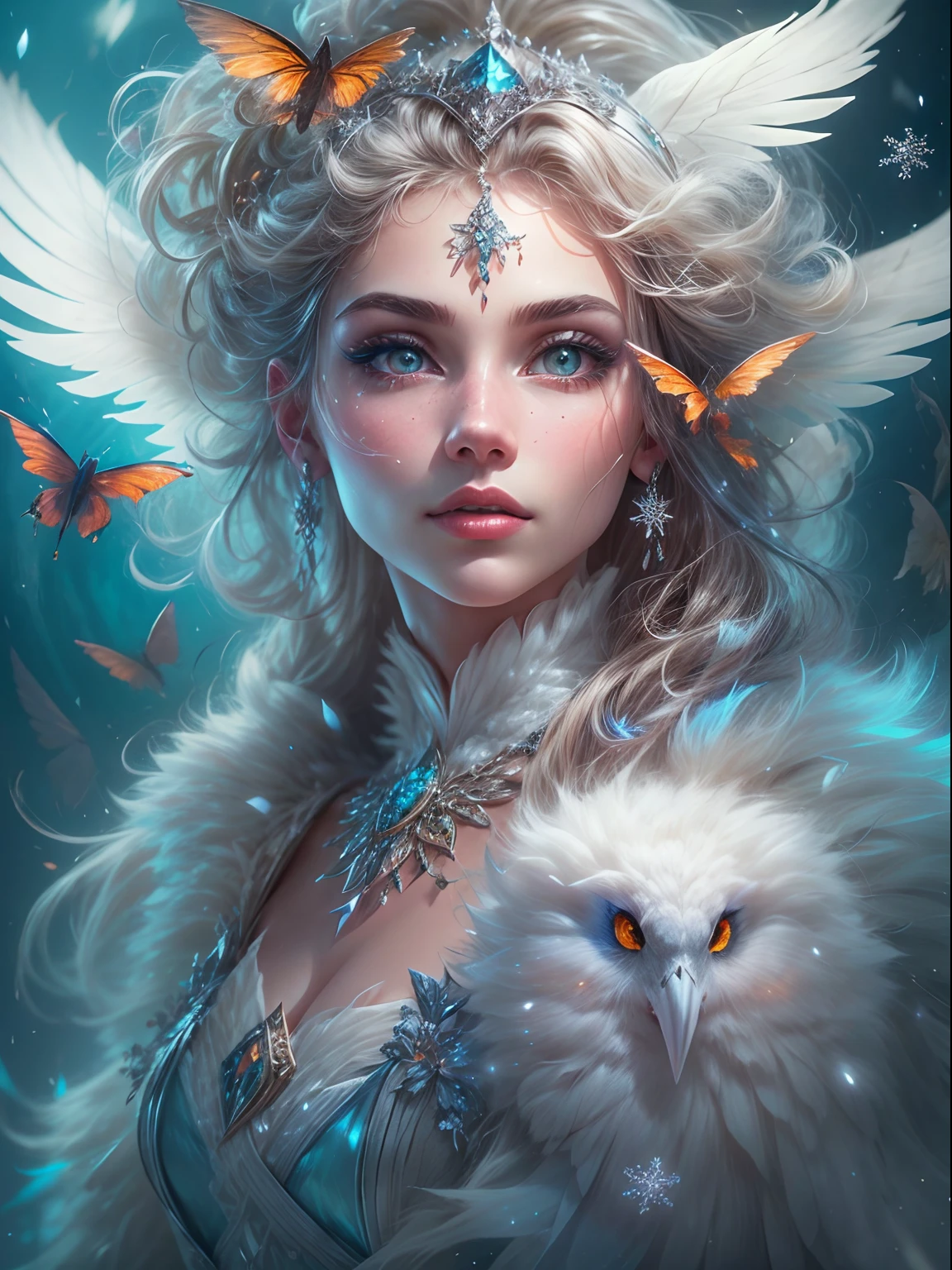 Generate a pretty and realistic fantasy artwork with bold jewel-toned hues, pretty glitter and shimmer, and lots of snowflakes. Generate a luminous and petite woman with curly hair, metallic hair, and realistically textured hair. Her skin is pure white and seems to glow in the light. The woman's face is important: include soft, puffy lips, elegant features, and the most beautiful detailed eyes in the world. The woman is in a winter landscape with soft falling snow and snowflakes, soft white fur, subtle iridescent details, subtle phantasmal iridescent details, and intricate and delicate jewelry that glimmers in the light. Include many small fantasy details like gossamer silk, feathers, delicate and stunning embroidery, and luminous lighting that glimmers. The woman's face is unobscured by details and her eyes are sharp and in high resolution. Incorporate dreamy colors, dynamic lighting, and detailed background elements to create a sense of awe and immersion. Include colorful flying magical birds and jewel-toned butterflies radiating a magical aura. Consider the latest trends in fantasy art, such as incorporating unique lighting effects, exploring dynamic and compelling composition techniques, and experimenting with unique color palettes. Take inspiration from the top artists on ArtStation and Midjourney. Camera: Choose an angle that highlights the character's beauty and enhances the magical majesty of the artwork. Lighting: Utilize atmospheric lighting techniques to create depth and mood. Resolution: Aim for a high-resolution artwork to showcase intricate details and clarity. Art Inspirations: Seek inspiration from the trending artists on ArtStation, exploring different styles, genres, and themes. white skin, pale skin, really pale skin, really white skin, beautiful eyes, fantasy details, shimmer, glimmer, magical birds, magical butterflies, ornate, (((masterpiece))), add_detail:1, earth \(planet\),