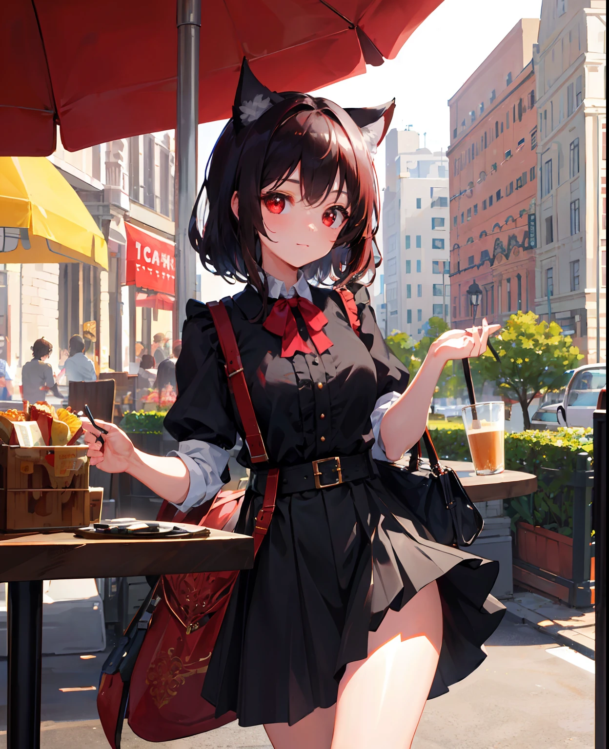 (masterpiece), (best quality), (intricate_details:1.1), (finely detailed:1.4), (distinct_image:1.2), (cafe background), solo girl, cute, (face focus), shiny red eyes/black hair, cat ears, smooth lighting, black shirt, [skirt],
