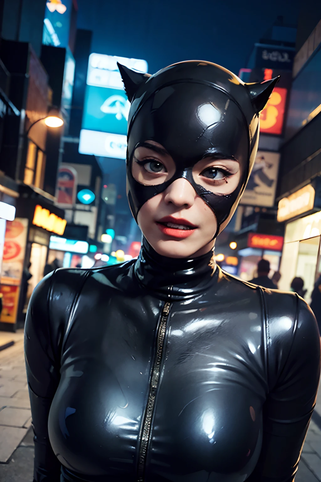 Catwoman, classic black costume, empty street, night, cinematic lighting, high details, blurred background, professional photography ((masterpiece)) ((top quality)) ((facial details)) ((latex outfit)) ((perfect symmetry)) ((gorgeous))