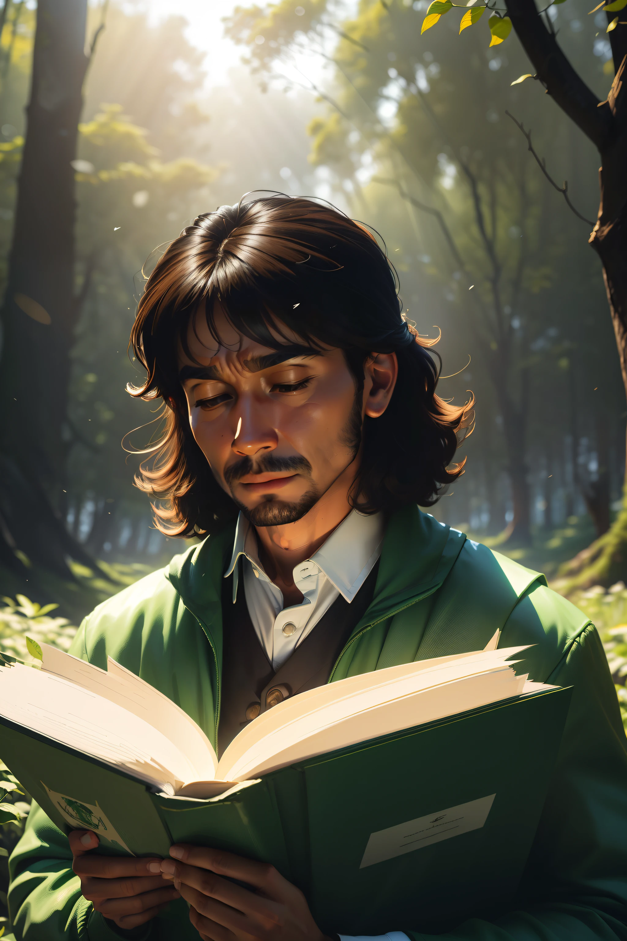 um homem pardo cigano mexicano com vestes latinas lendo livros em uma floresta (livros) (florestas ao fundo da imagem:1.1) Tracing of volumetric haze rays z pass bright light, (obra-prima) (melhor qualidade) (detalhado) (8k) (cinematic lighthing) (foco nítido) (intrincado)