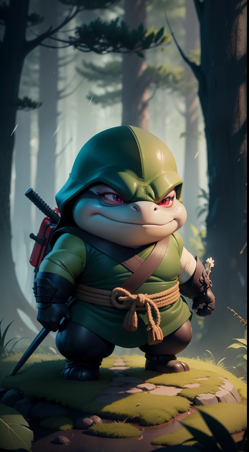Create a vibrant dark fantasy cute ninja turtle in a clean-lined minimalistic cartoon style, in the background a beautiful forest, rain, octane render, 8k