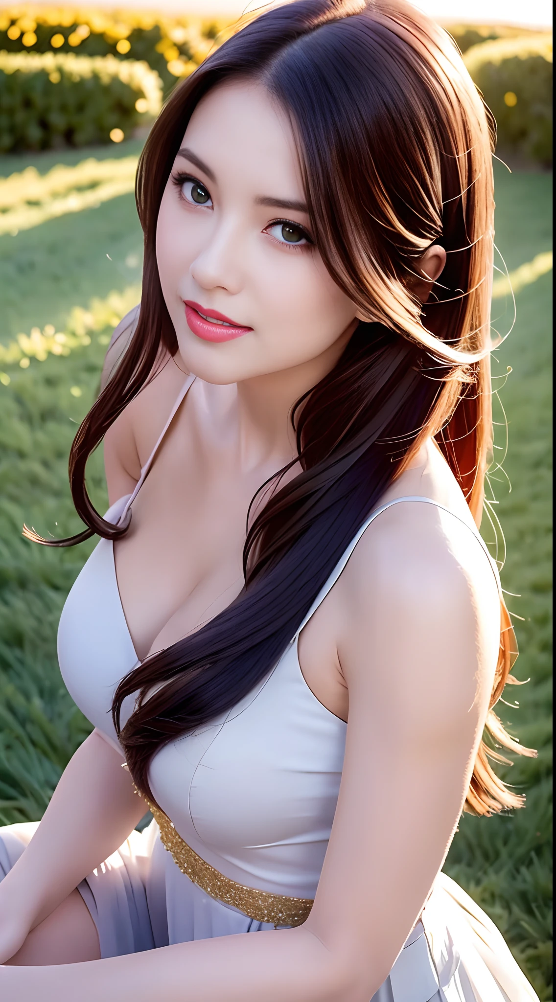 A beautiful 27 year old F-cup girl，with hands behind her back，Blue sky and green grass in the background，ultra real photo，Beautiful black pupils，Sweet smiling，Delicate fair skin，photo-realistic，50 million pixel quality，Exquisite and perfect facial features，detail in face，二重まぶた，tall nose bridge，Pink lipstick，Delicate brunette hair，Feminine temperament，Fill your face light，Golden ratio figure,Wearing tulle，breasts looming，