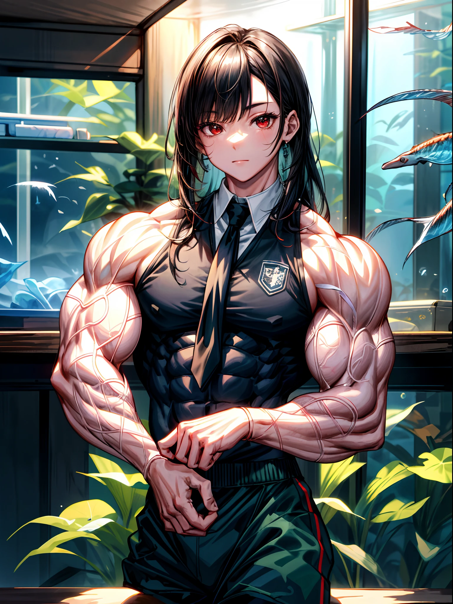 (best lighting) , (super-complex details) , 4K unified, (super-detailed CG: 1.2) , (8K: 1.2),(original), (masterpiece) , (best quality),(Masterpiece:1.4),Anime-ish high quality,(masterpiece),masterpiece, best quality, absurdres,((Masterpeace, 4k, 8k, highres)),(masterpiece), (best quality), (ultra-detailed), (an extremely delicate and beautiful), ((cowboy shot)), 1 woman, Yoru, beautiful face, detailed face, red eyes, scar on the cheek, long hair, black hair, school uniform, white shirt, black tie, dynamic pose, looking at viewer, on a aquarium, fish tank behind her, algae, marine life, blurred bottom, female focus, depth of field, full HD, high definition, high resolution
, ((body builder:1.5)),temple background,(beautiful bace),(girl),(female),(((upper body:1))),from front