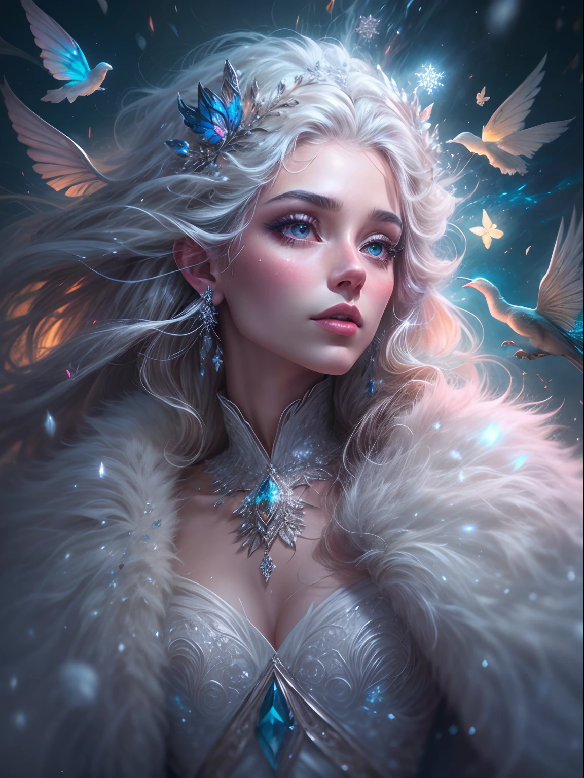 Generate a pretty and realistic fantasy artwork with bold jewel-toned hues, pretty glitter and shimmer, and lots of snowflakes. Generate a luminous and petite woman with curly hair, metallic hair, and realistically textured hair. Her skin is pure white and seems to glow in the light. The woman's face is important: include soft, puffy lips, elegant features, and the most beautiful detailed eyes in the world. The woman is in a winter landscape with soft falling snow and snowflakes, soft white fur, subtle iridescent details, subtle phantasmal iridescent details, and intricate and delicate jewelry that glimmers in the light. Include many small fantasy details like gossamer silk, feathers, delicate and stunning embroidery, and luminous lighting that glimmers. The woman's face is unobscured by details and her eyes are sharp and in high resolution. Incorporate dreamy colors, dynamic lighting, and detailed background elements to create a sense of awe and immersion. Include colorful flying magical birds and jewel-toned butterflies radiating a magical aura. Consider the latest trends in fantasy art, such as incorporating unique lighting effects, exploring dynamic and compelling composition techniques, and experimenting with unique color palettes. Take inspiration from the top artists on ArtStation and Midjourney. Camera: Choose an angle that highlights the character's beauty and enhances the magical majesty of the artwork. Lighting: Utilize atmospheric lighting techniques to create depth and mood. Resolution: Aim for a high-resolution artwork to showcase intricate details and clarity. Art Inspirations: Seek inspiration from the trending artists on ArtStation, exploring different styles, genres, and themes. white skin, pale skin, really pale skin, really white skin, beautiful eyes, fantasy details, shimmer, glimmer, magical birds, magical butterflies, ornate, (((masterpiece))), add_detail:1, earth \(planet\),