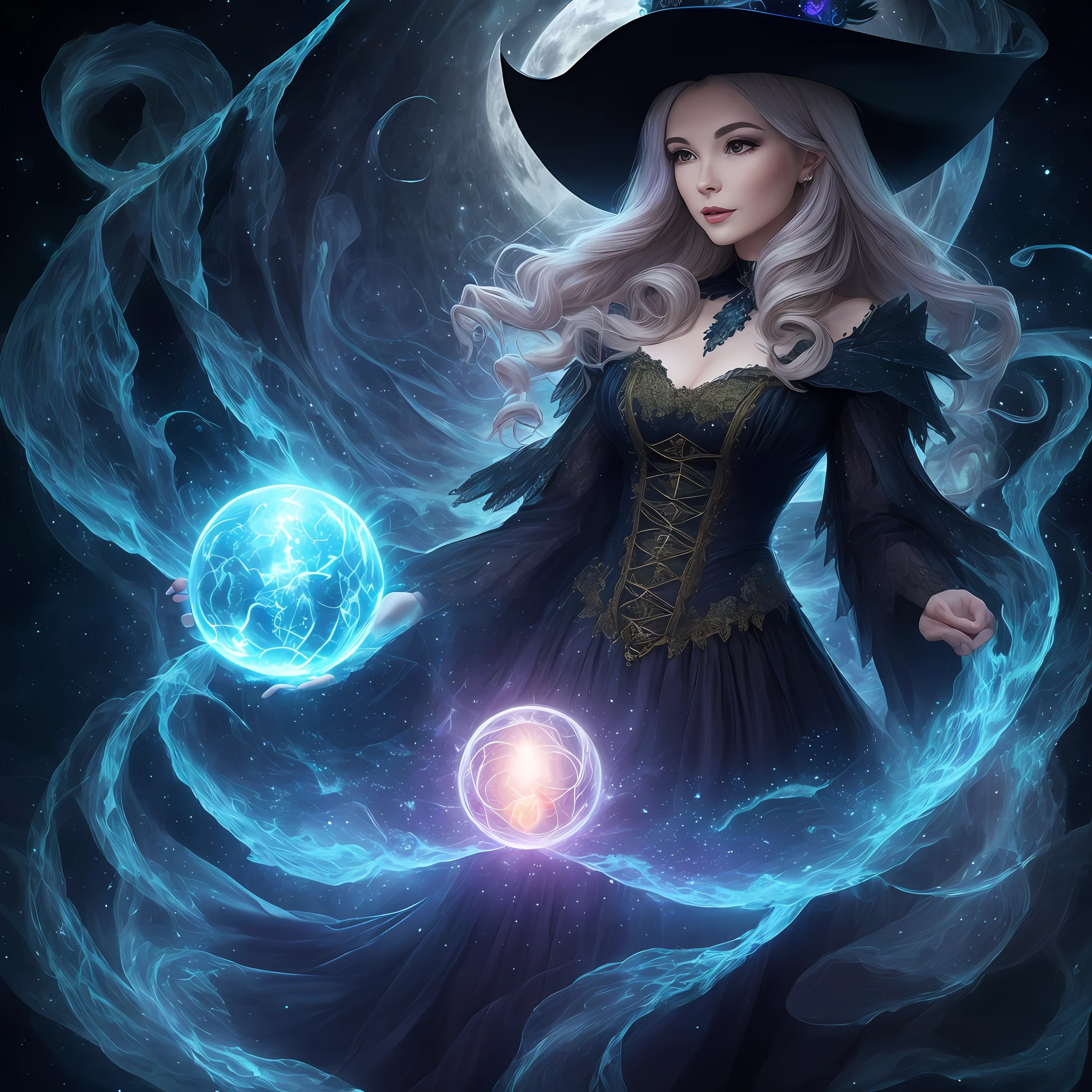 Describe the good witch woman connecting with nature and using her intuition to bring harmony and balance to the world around her