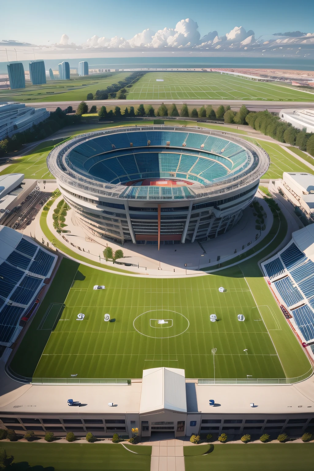 Aerial view of football field with football field and water park, futuristic sport arena, soccer court, Stadium, wide angle exterior 2022, stadium landscape, 2030, full - view, full-shot, full-shot, beijing, video, 3 0 0, 2 0 2 4, 2024, subtitles