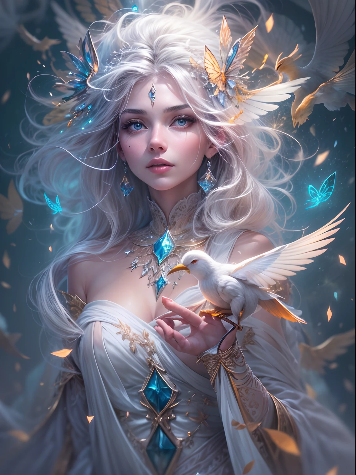 Generate a pretty and realistic fantasy artwork with bold jewel-toned hues, pretty glitter and shimmer, and lots of snowflakes. Generate a luminous and petite woman with curly hair, metallic hair, and realistically textured hair. Her skin is pure white and seems to glow in the light. The woman's face is important: include soft, puffy lips, elegant features, and the most beautiful detailed eyes in the world. The woman is in a winter landscape with soft falling snow and snowflakes, soft white fur, subtle iridescent details, subtle phantasmal iridescent details, and intricate and delicate jewelry that glimmers in the light. Include many small fantasy details like gossamer silk, feathers, delicate and stunning embroidery, and luminous lighting that glimmers. The woman's face is unobscured by details and her eyes are sharp and in high resolution. Incorporate dreamy colors, dynamic lighting, and detailed background elements to create a sense of awe and immersion. Include colorful flying magical birds and jewel-toned butterflies radiating a magical aura. Consider the latest trends in fantasy art, such as incorporating unique lighting effects, exploring dynamic and compelling composition techniques, and experimenting with unique color palettes. Take inspiration from the top artists on ArtStation and Midjourney. Camera: Choose an angle that highlights the character's beauty and enhances the magical majesty of the artwork. Lighting: Utilize atmospheric lighting techniques to create depth and mood. Resolution: Aim for a high-resolution artwork to showcase intricate details and clarity. Art Inspirations: Seek inspiration from the trending artists on ArtStation, exploring different styles, genres, and themes. white skin, pale skin, really pale skin, really white skin, beautiful eyes, fantasy details, shimmer, glimmer, magical birds, magical butterflies, ornate, (((masterpiece))), add_detail:1, earth \(planet\),
