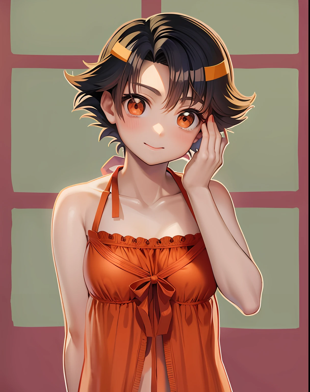 Anime boy in lingerie with orange bow on head, aya takano color style, Makoto, Rin, garments:an lingerie, marin kitagawa fanart, Shota, natsumi mukai artwrok
