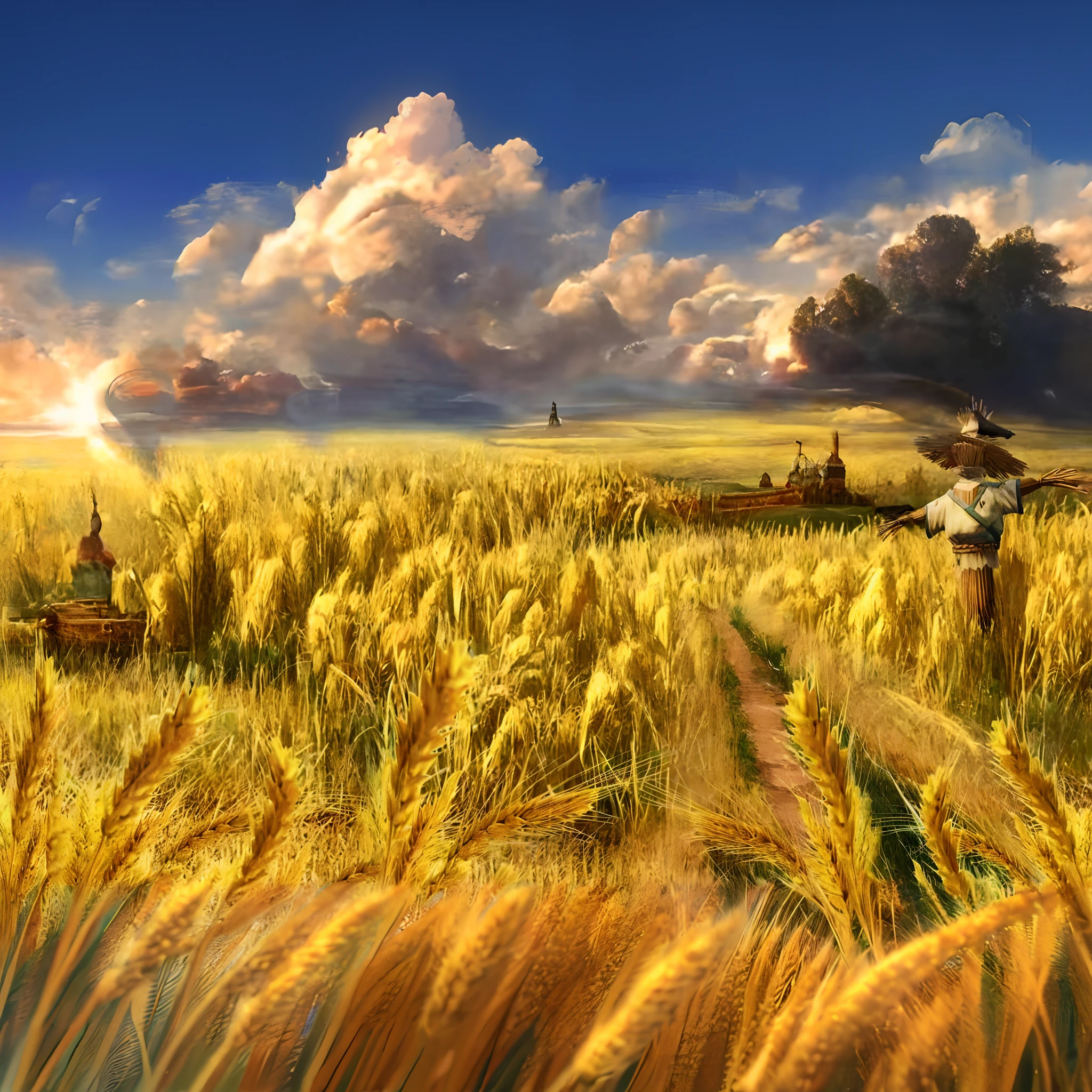 A painting of a man standing in a wheat field, immense wheat fields, on the vast wheat fields, wheat field, wheat field, lindo cenario, golden grasslands, in a wheat field, warm beautiful scene, vast wheat fields, wallpaper hd, very beautiful scenery, very very beautiful scenery, Beautiful scenery, the most beautiful landscape, Harvest, Fantasy art landscape