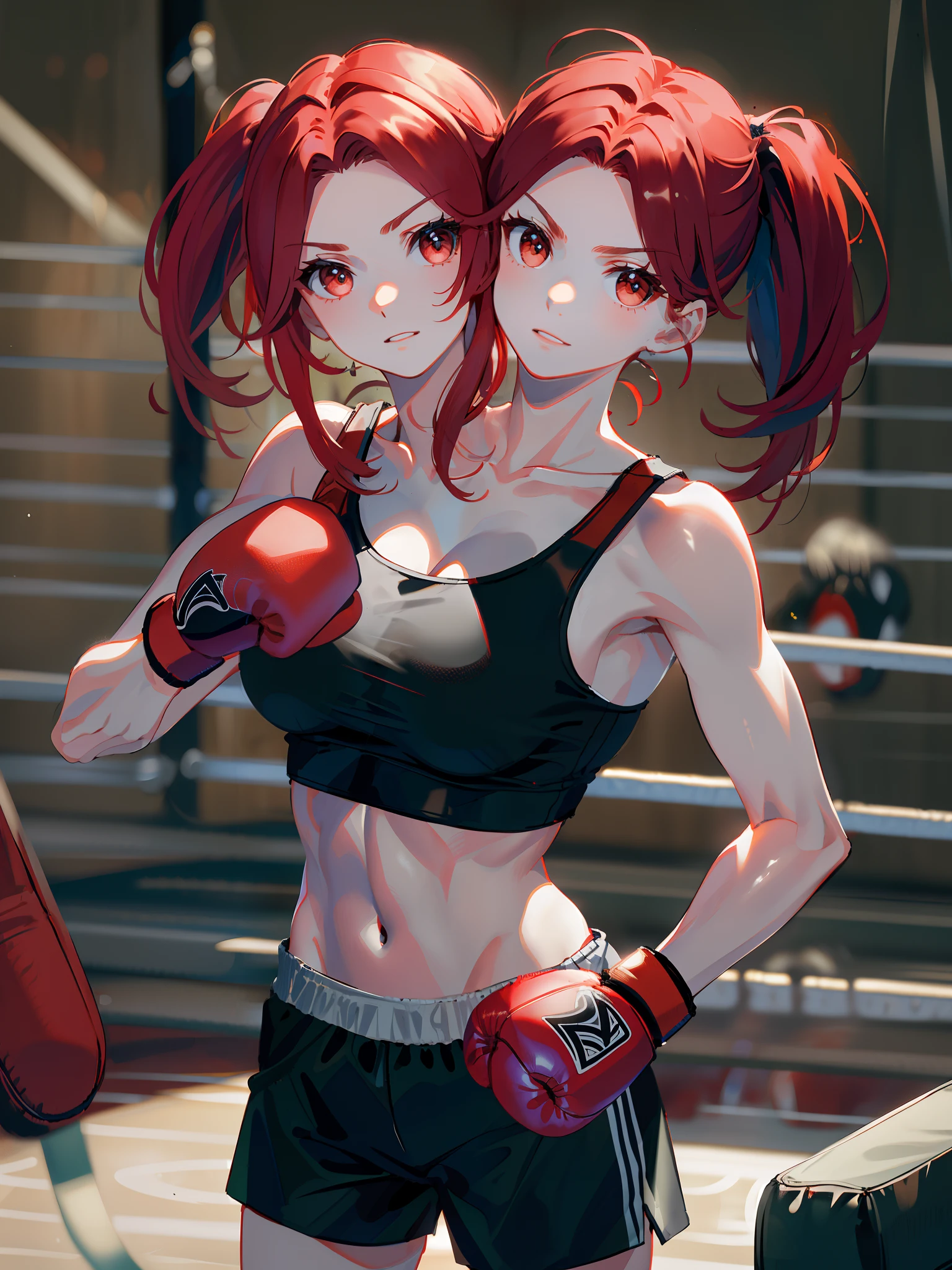 (masterpiece, best quality), best resolution, (2heads:1.5), 1girl, red hair, brown eyes, white tank top, black short pants, boxing gloves, punching a punching bag, gym