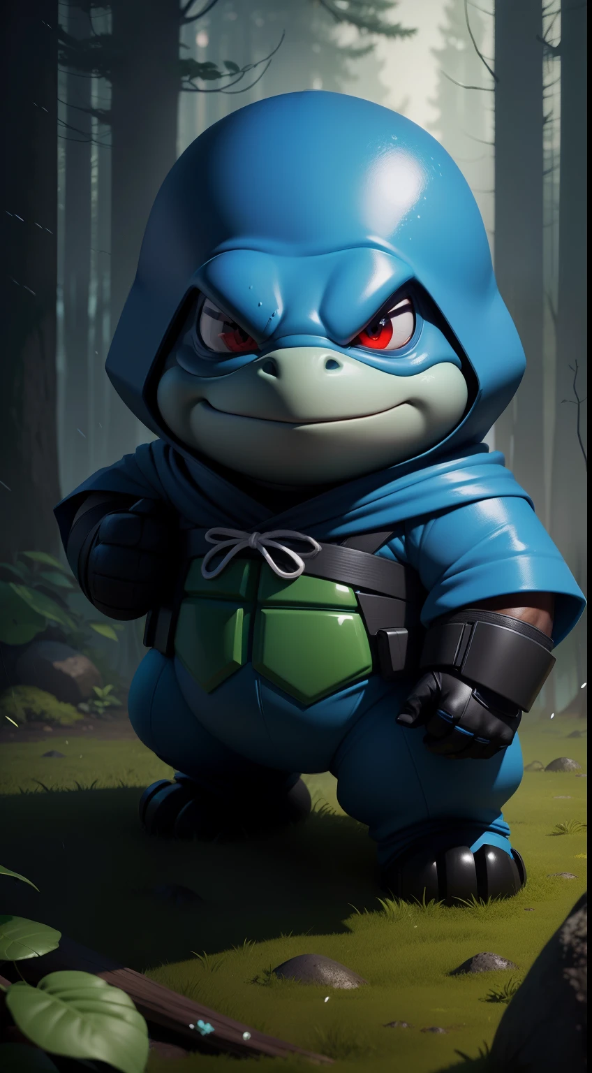 Create a vibrant dark fantasy cute ninja turtle blue in a clean-lined minimalistic cartoon style, in the background a beautiful forest, rain, octane render, 8k