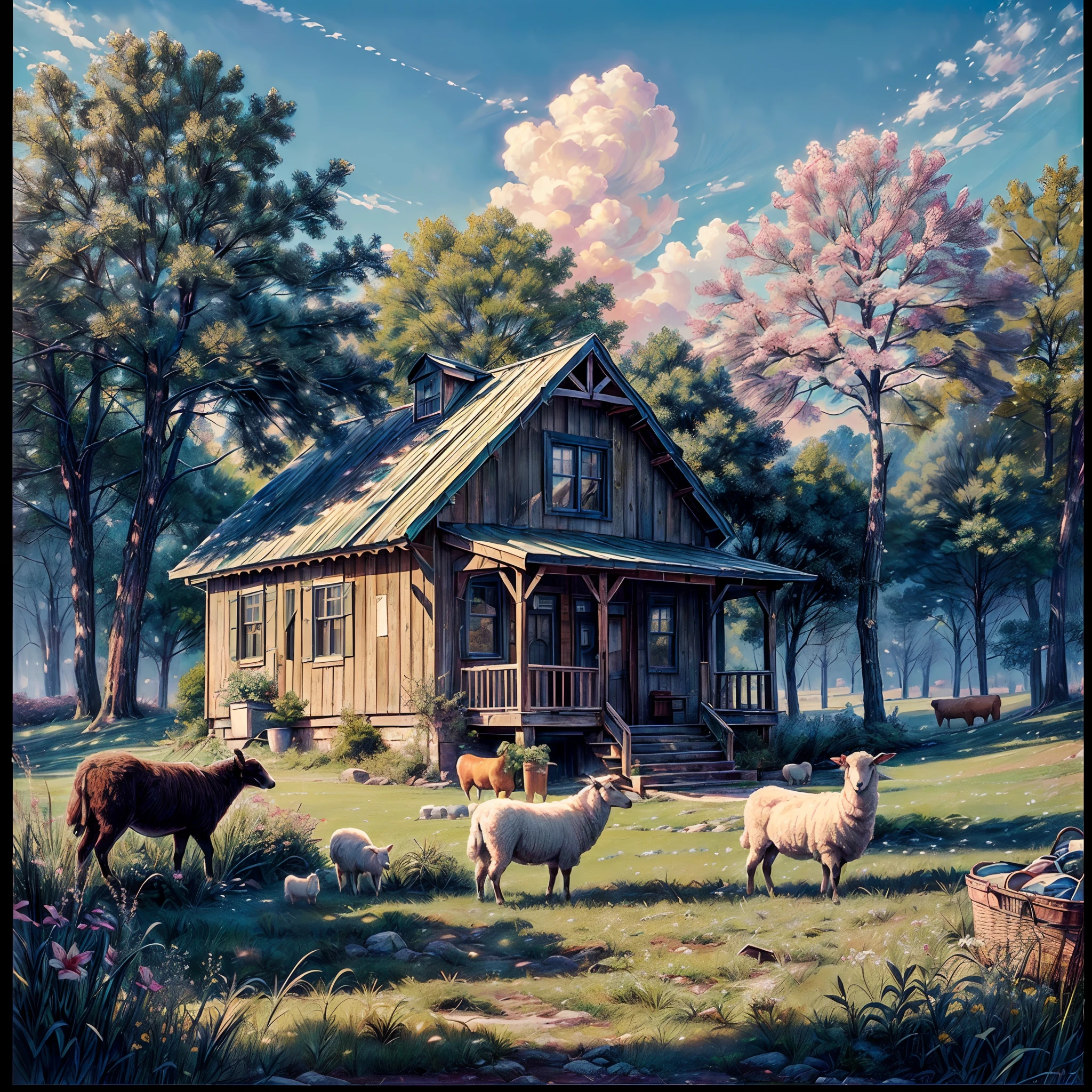 (a pastoral scene, nostalgic charm:1.3), a shepherd's encounter with sheep, (their plaintive calls echoing across the verdant meadow:1.2), (content yet languid, their forms nestled in the grass:1.2), (a shepherd's presence, embodying the essence of rural life:1.1), (rustic schoolhouse, nestled amidst the expanse, its size barely noticeable:1.1), (underneath a vast sky tinted with the hues of flax:1.1), (captured by a vintage film camera, evoking a sense of bygone days:1.2), (through a soft-focus lens, imparting a dreamlike quality to the pastoral tableau:1.2), (weaving a narrative of simplicity and connection to nature:1.1), (where the shepherd and sheep harmonize in a timeless dance:1.1), (conjuring a moment suspended in pastoral serenity:1.1).
