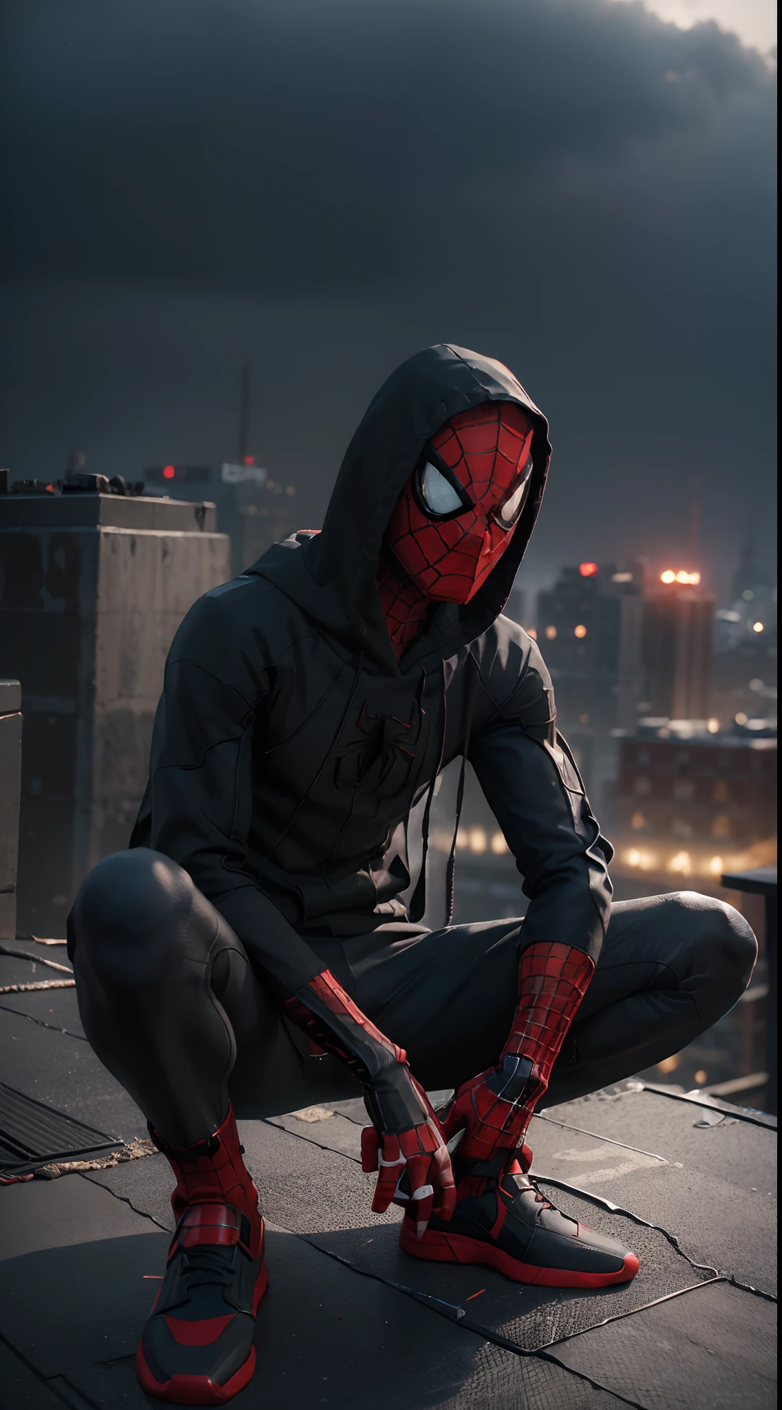 ((best qualtiy)), ((tmasterpiece)), (the detail:1.4), hdr（HighDynamicRange）,8K primitive number、1boy ，Spidey，black cloaths，Red jumpsuit ,Spidey，sitted，Black hoodie，sitting on the edge of roof, Lonely，squat on the roof