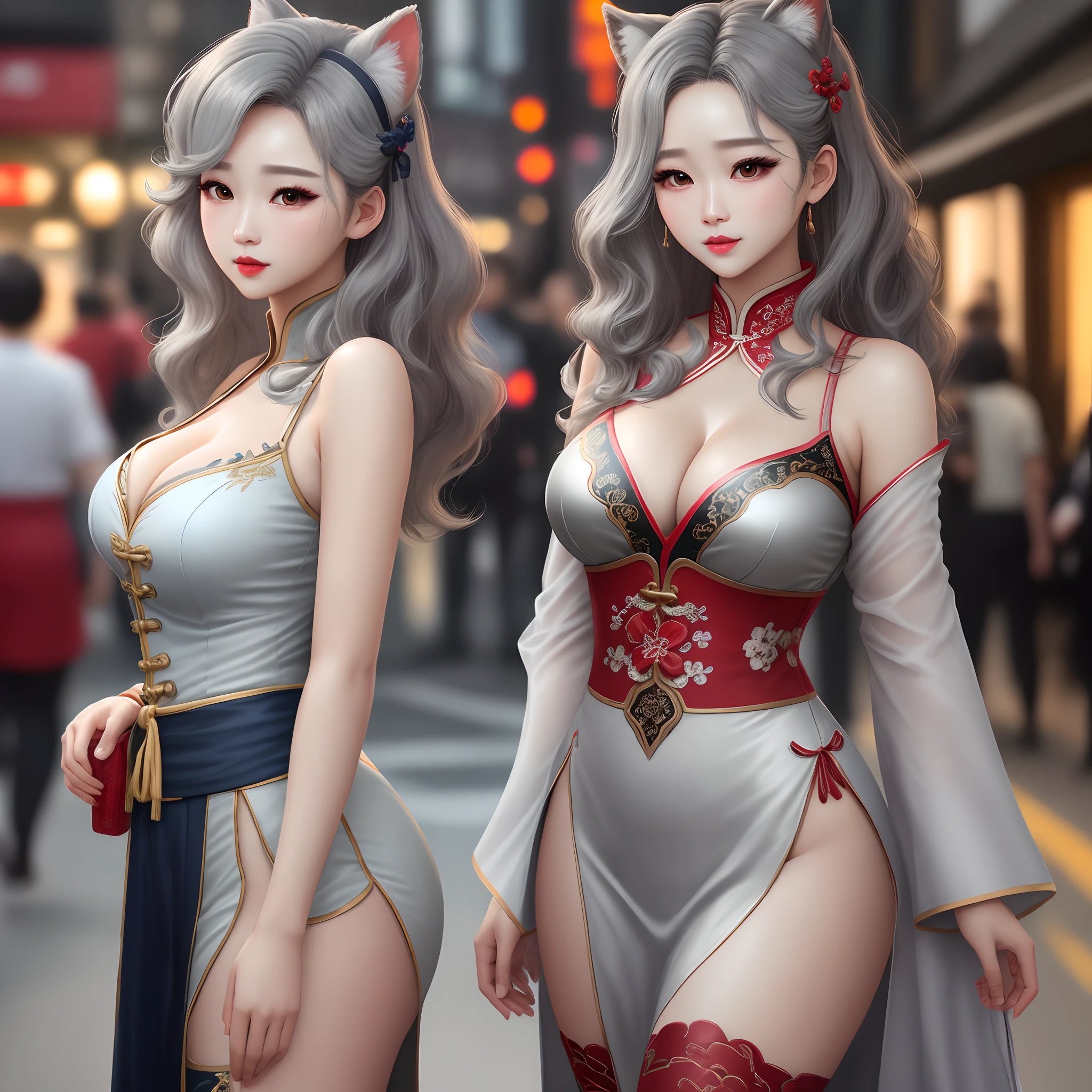 extremely detailed CG unity 8k wallpaper,(masterpiece),(best quality),(ultra detailed),(ultra realistic),(Best character details:1.36),nikon d750 f/1.4 55mm,dynamic angle,professional lighting, photon mapping, radiosity, physically-based rendering,
outdoors,busy street,looking at viewer,blush,
1girl,mature female,milf,tall body,golden proportions,(Kpop idol),(shiny skin:1.2),(oil skin:1.1),makeup,[:(high detailed face:1.2):0.2]:,PureErosFace_v1,
((wavy gray hair and a sophisticated sense of style)),(aegyo sal:1),(puffy eyes),(eyelashes:1.1),(parted lips:1.1),red lipstick,wide shoulders,(medium :1.1),(cleavage:1.1),animal ears,(big :1.2),thighhighs,
 Hanfu, tang, Tang Dynasty, Tang clothing