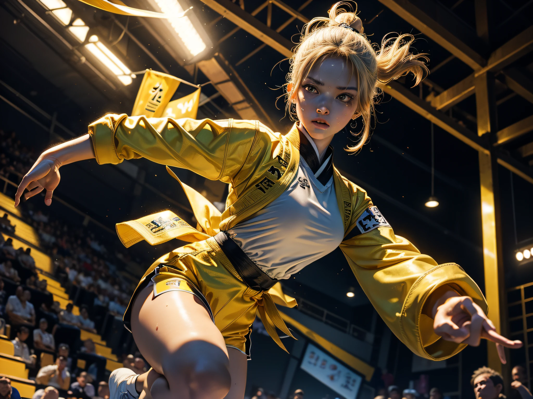 ((Best Quality)), ((Masterpiece)), (Detailed: 1.4), 16k, (((1girl))), very big chest, slim waist, short blonde hair, ((yellow eyes)), eyes detailed, ((eyes emitting intense glow)), muscular, extremely defined body, sweaty, ((taekwondo outfit)), sexy micro shorts, serious look, mat, performing the poomsae kick pose, in a martial arts fighting competition , extremely detailed image, detail in the audience.