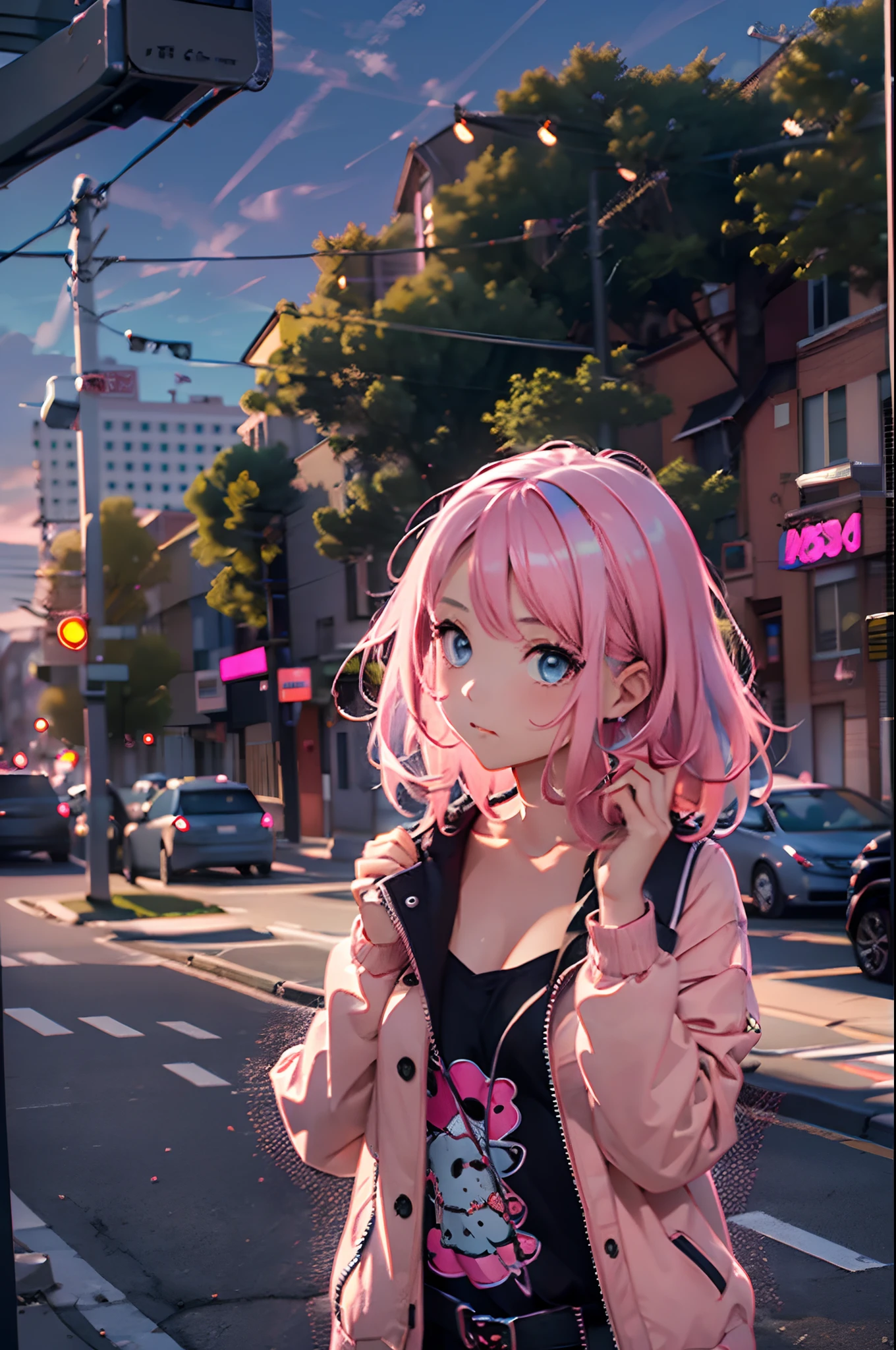 1girl, pink hair, wearing black jacket, street, looking at viewer, talking to the viewer, vivid, vibrant colors, the sky at about 7 pm in the summer when it was a little darker --ar 2:3