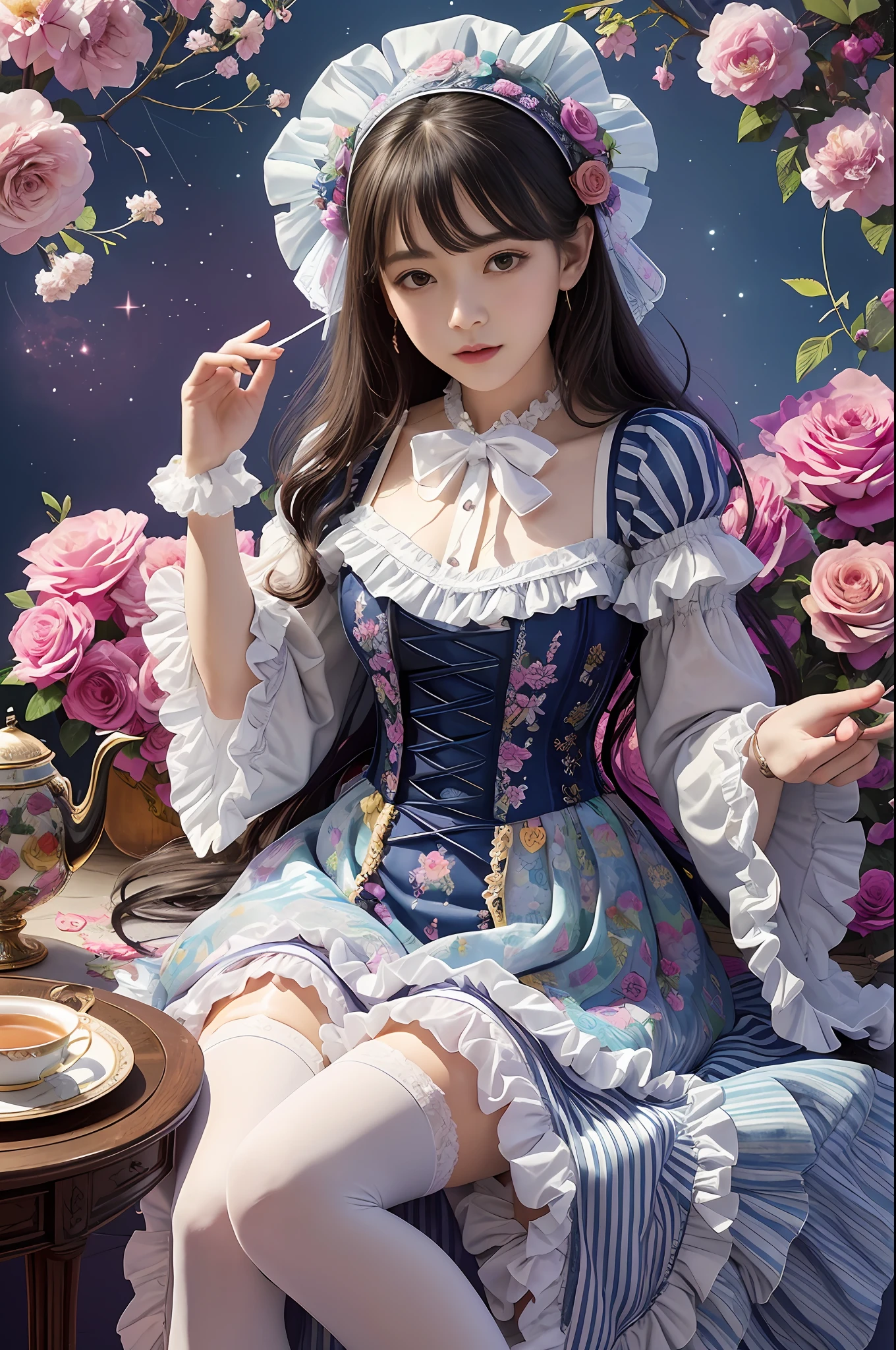 (masterpiece、top-quality、top-quality、Official art、Beautifully Aesthetic:1.2)、(One girl:1.3)、A highly detailed、(Fractal Art:1.1)、(colourfull:1.1)(florals:1.3)、The most detailed、(Zentangle:1.2)、full body Esbian、(Blue sky and rose garden:1.3)、(shinny skin)、(Many colors:1.4)、、(耳Nipple Ring)、(pluma:1.5)、masterpiece、top-quality、top-quality、Official art、Beautifully Aesthetic:1.2)、(1girl in)、ighly detailed、(Fractal Art:1.3)、colourfull、highestdetailed、long、A dark-haired、big eye、Women in Japan、(Ruffle frills, Chiffon Lace Ribbon Suspenders, (Stripe Design Pastel Coloring Dress), Big Ribbon Headband, Open Colorborn, puff sleeves, Tied thin ribbon corset, Balloon skirt, White Net Tights, Colorful star-shaped bead accessories)、Cute table、Drinking tea、Tea、teapot、macaroons