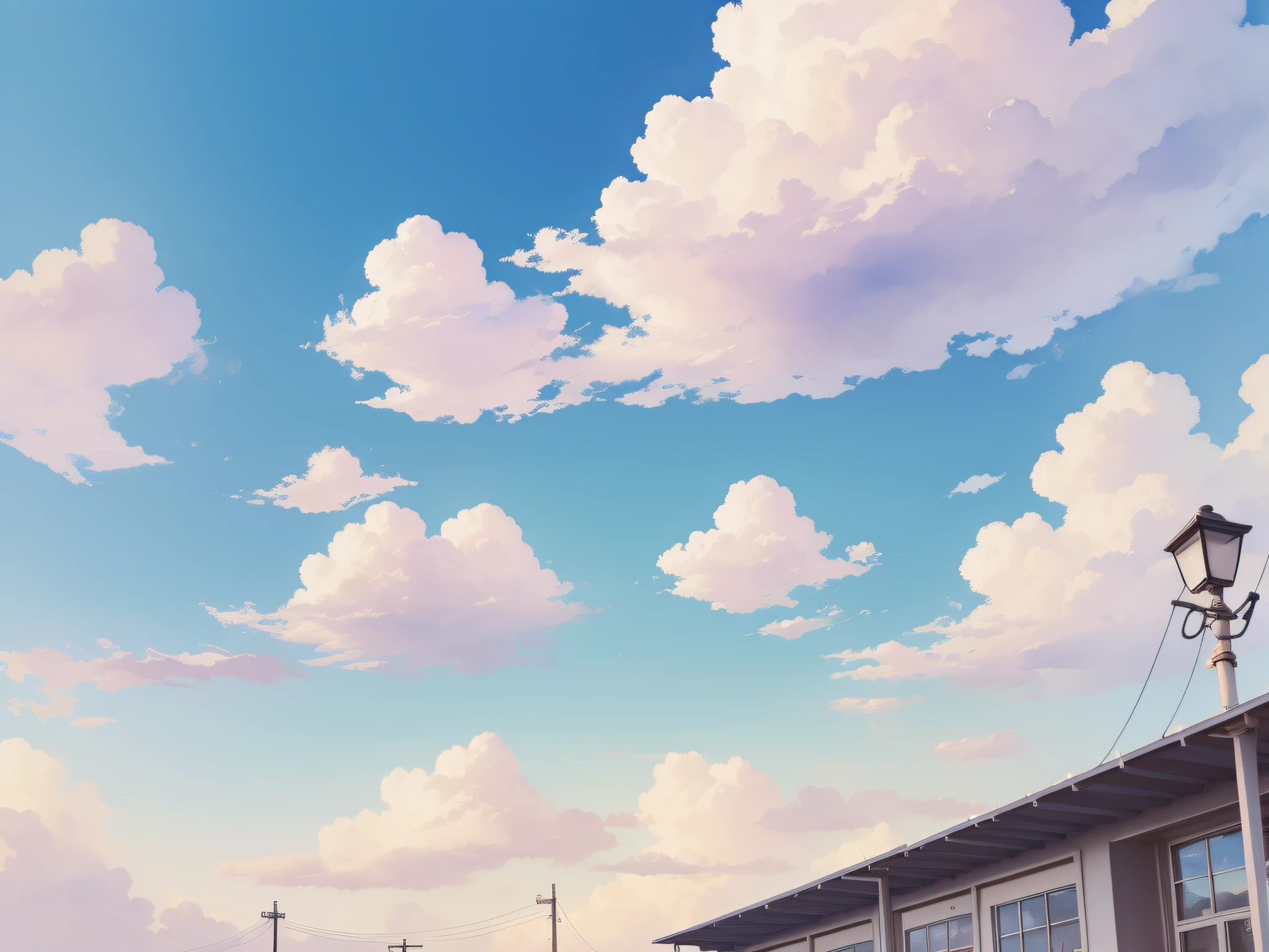 masterpiece, best quality, Children's picture book illustration, clouds are floating in the sky as background, afternoon, kindergarten, pastel watercolor style,  from below, wide shot,