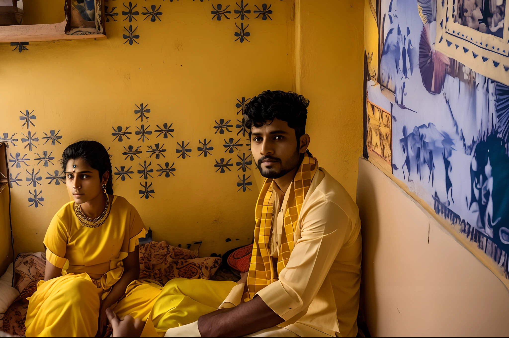 there are man and girl sitting on a bed wearing yellow kurta in a room, exclusive, photo taken in 2 0 2 0, jayison devadas, in profile, inside house in village, in small room, portait image, edited, a photo of a man, facebook post, by artist, he is about 30 years old, he is about 3 0 years old, trending ，