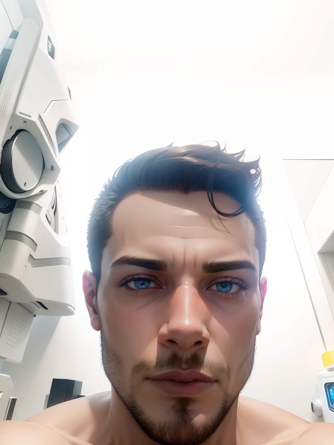 Homem com rosto metade homem, half robot. Fundo da imagem com luz vermelha forte