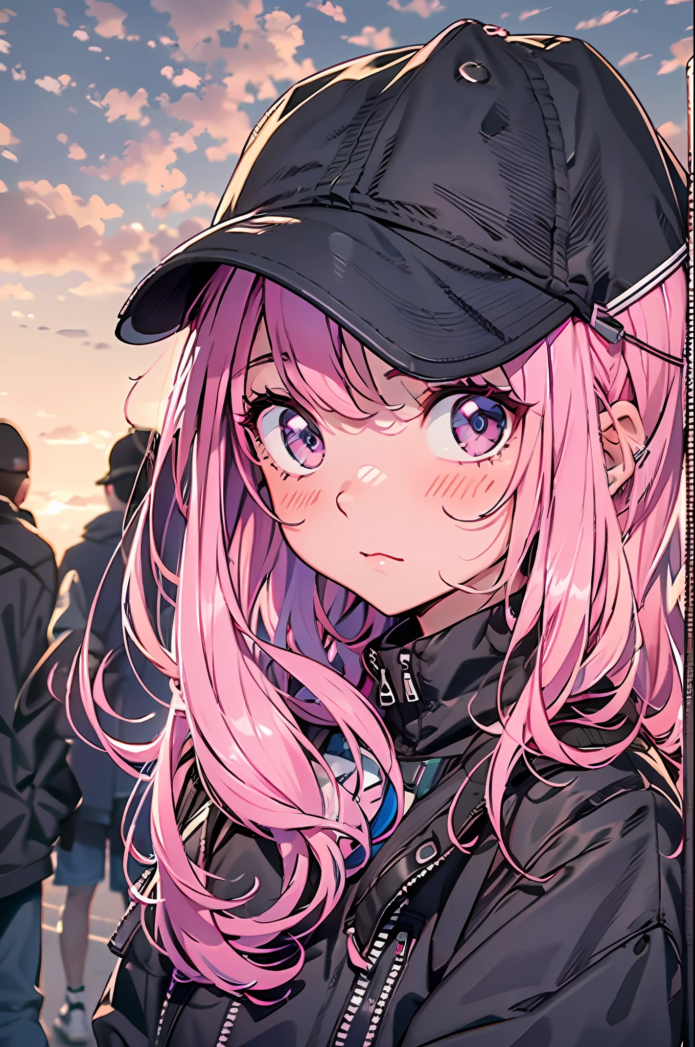 1girl, pink hair, wearing black jacket, street, looking at viewer, talking to the viewer, vivid, vibrant colors, the sky at about 7 pm in the summer when it was a little darker --ar 2:3
