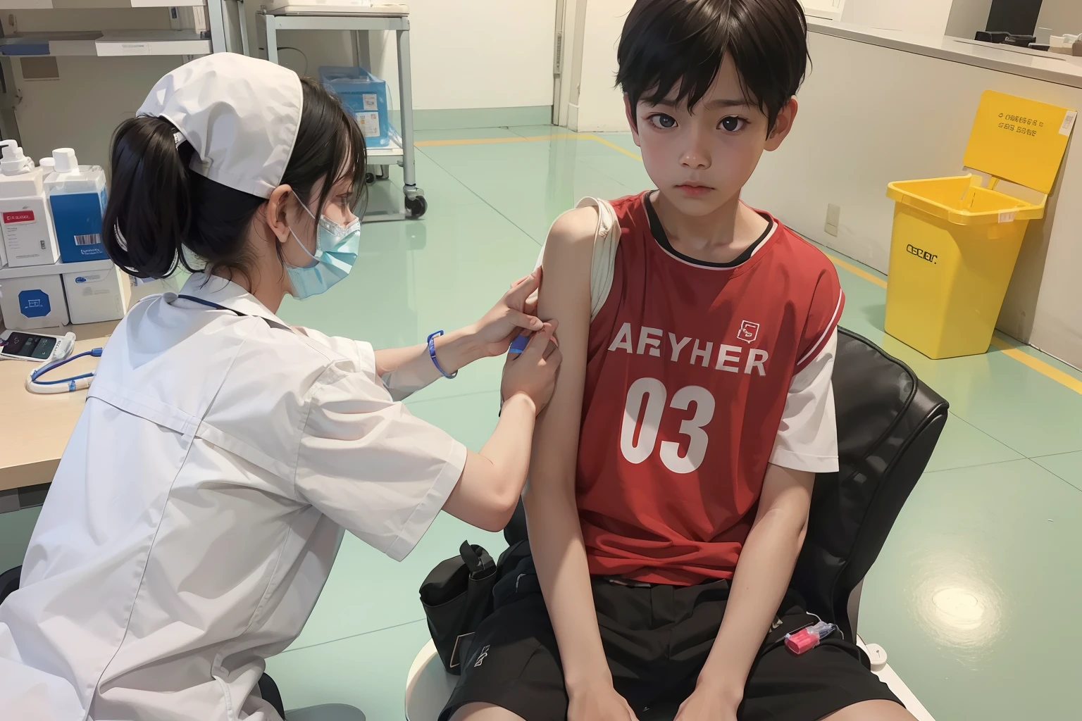 A young boy receives a vaccination kit from a nurse,, taken on iphone 1 3 pro, yanjun cheng, unknown artist, artist unknown, jinyiwei, high quality upload, taken on iphone 14 pro, exclusive, 8K)), 8 a.m, holding syringe, holding a syringe!!