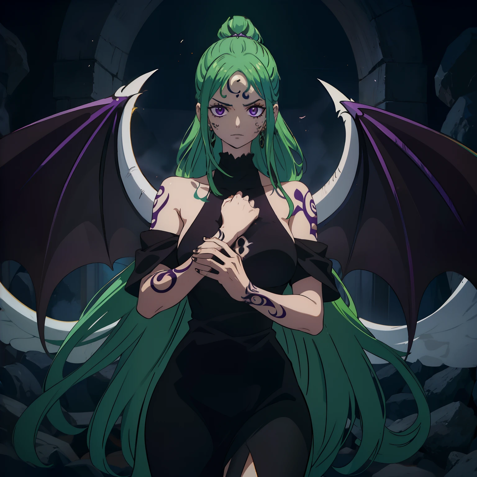 (Uma garota:1.1) com cabelos verdes bonitos, - Lilac Purple Eyes, wearing black clothes and a striking tattoo on his arm. Ela possui seios grandes (peituda:1.2), demonic tattoo on forehead, sem asas, human race.